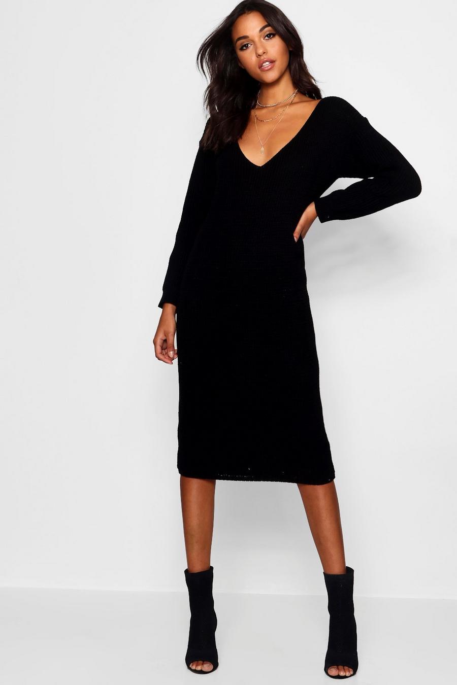 Black V Neck Oversized Midi Sweater Dress image number 1