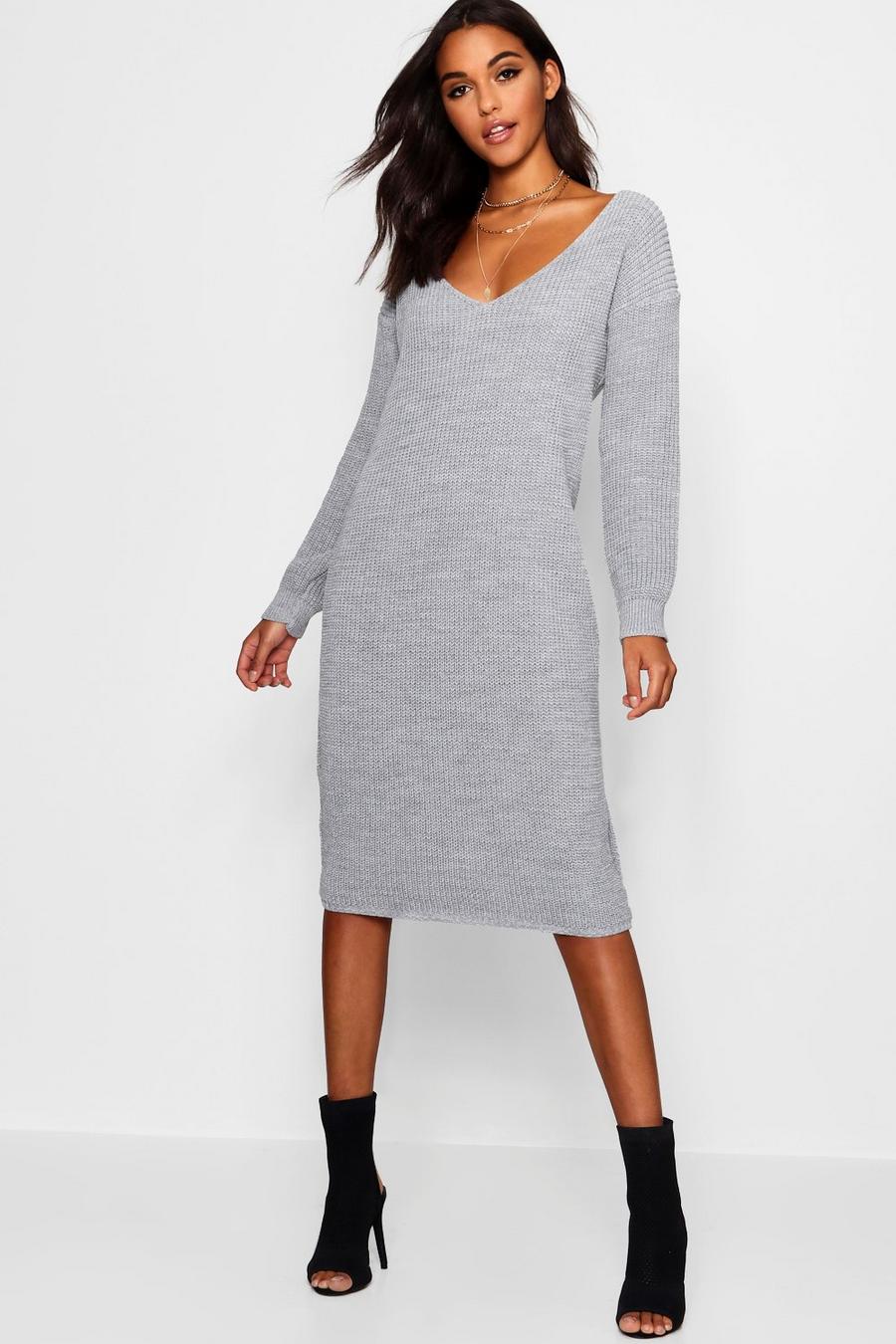 Grey V Neck Oversized Midi Sweater Dress image number 1