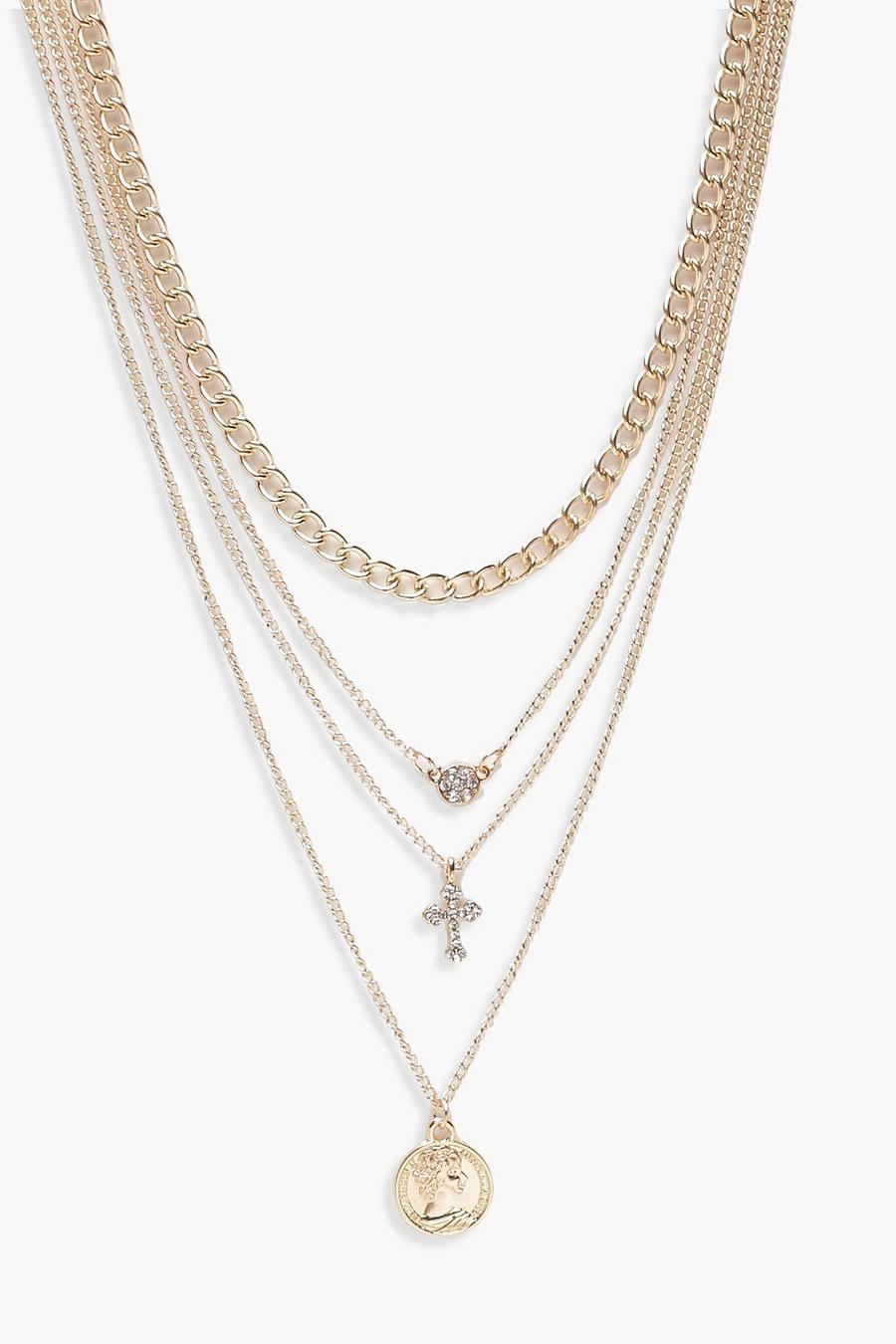 Gold Coin Cross Diamante Layered Necklace image number 1