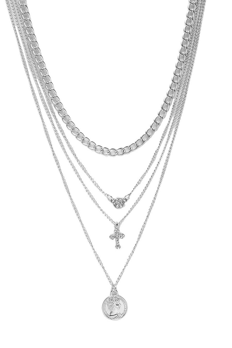 Mehrreihige Halskette mit Münz-, Kreuz- und Strassanhänger, Silber image number 1