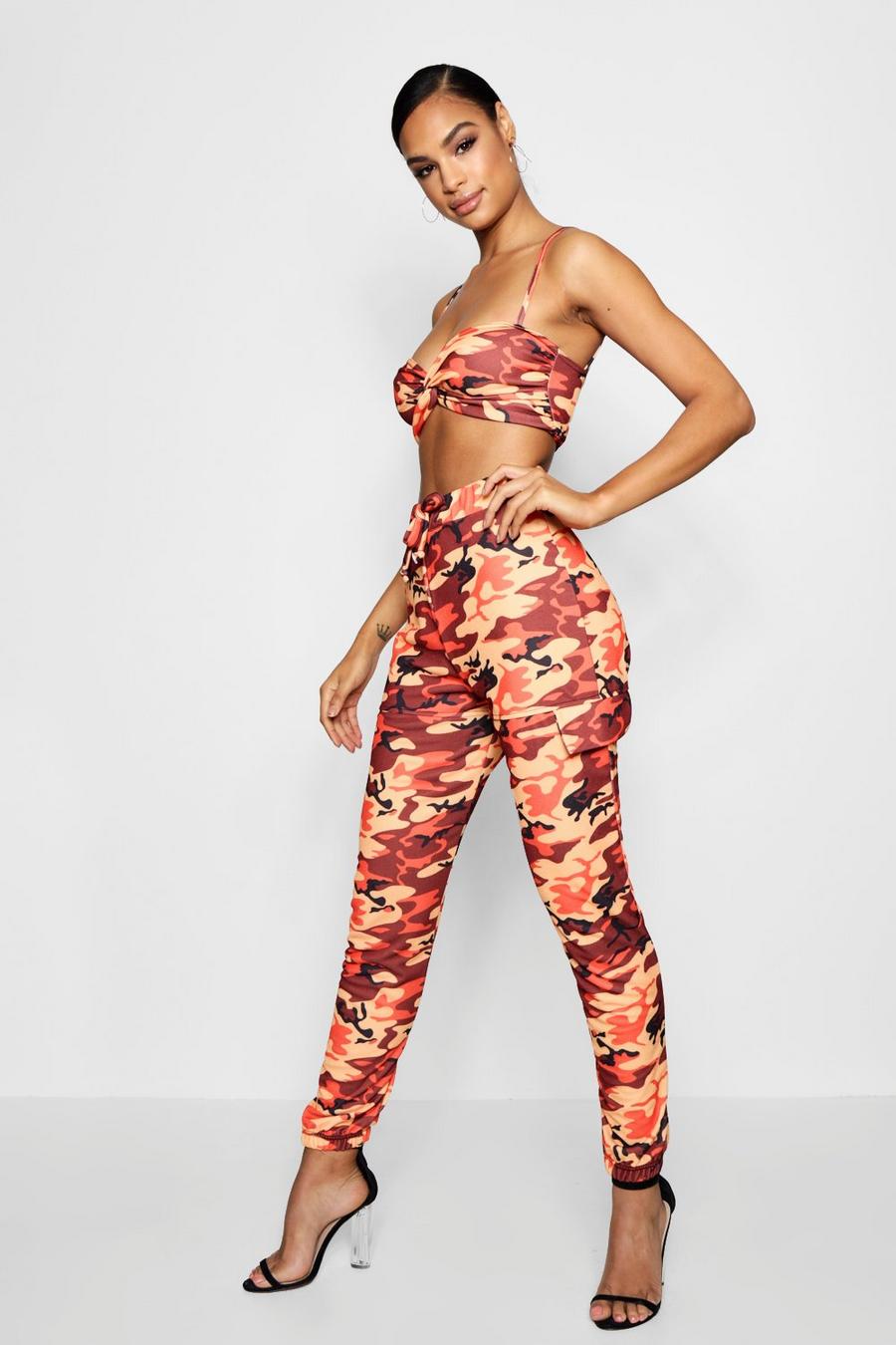 Orange Camo Twist Bandeau and Cargo Pant Co-ord image number 1