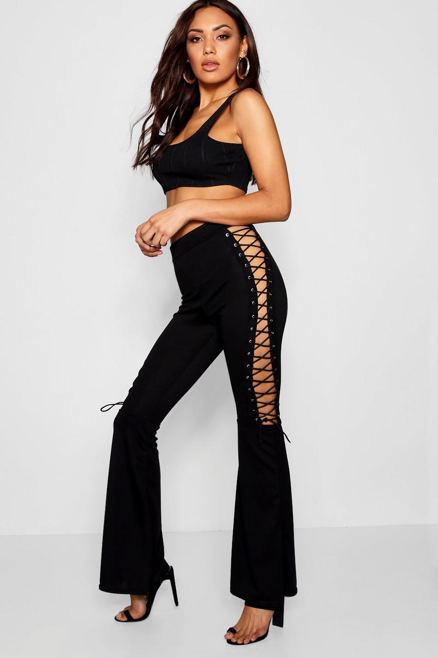 Black Lace Up Side Flared Trousers image number 1