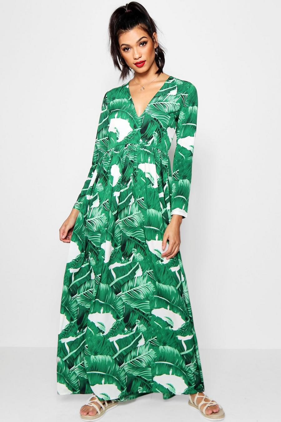 Vestido largo con estampado de palmeras hasta suelo, Verde de hojas image number 1