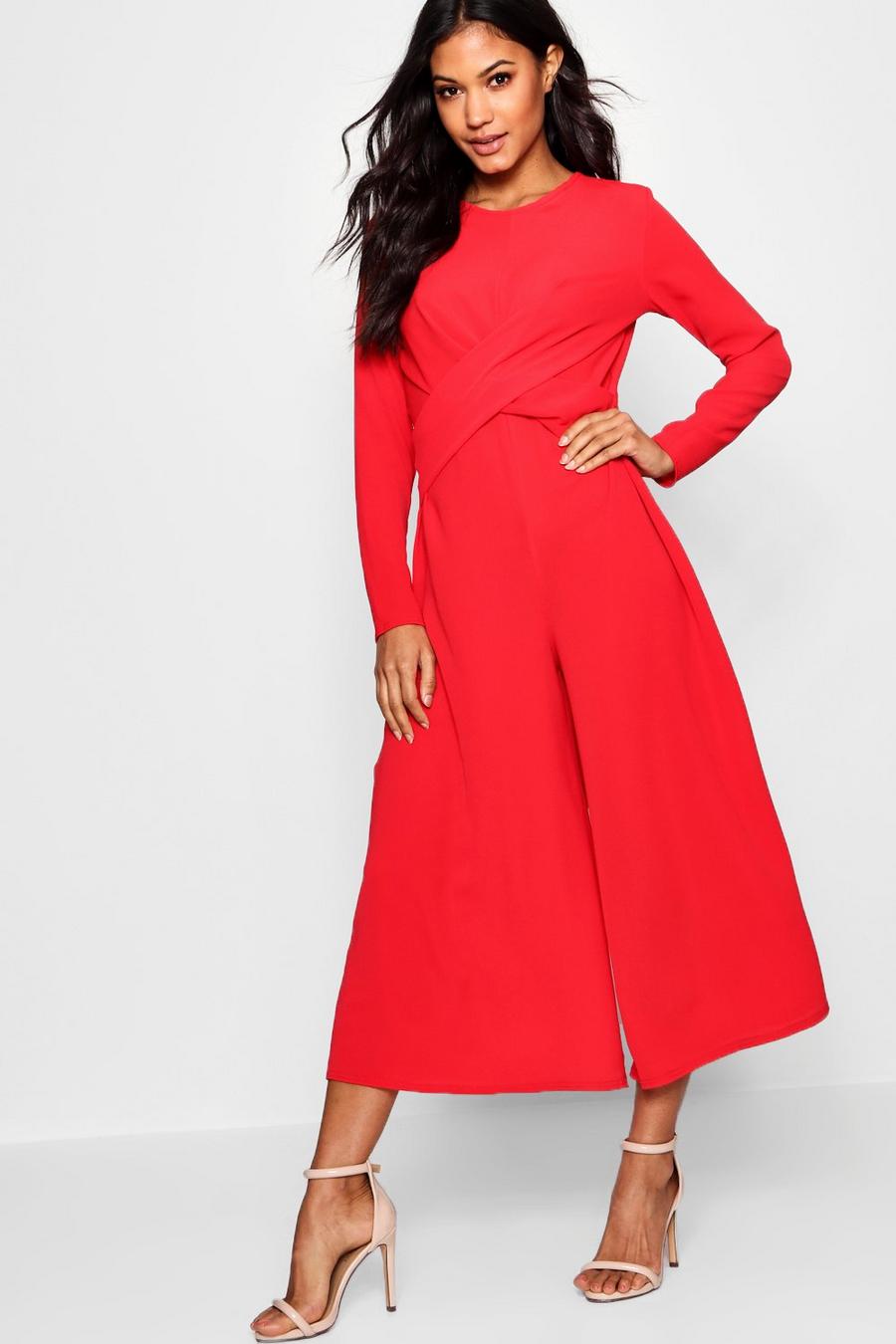 Red Jumpsuit i culottemodell med omlottdetalj image number 1