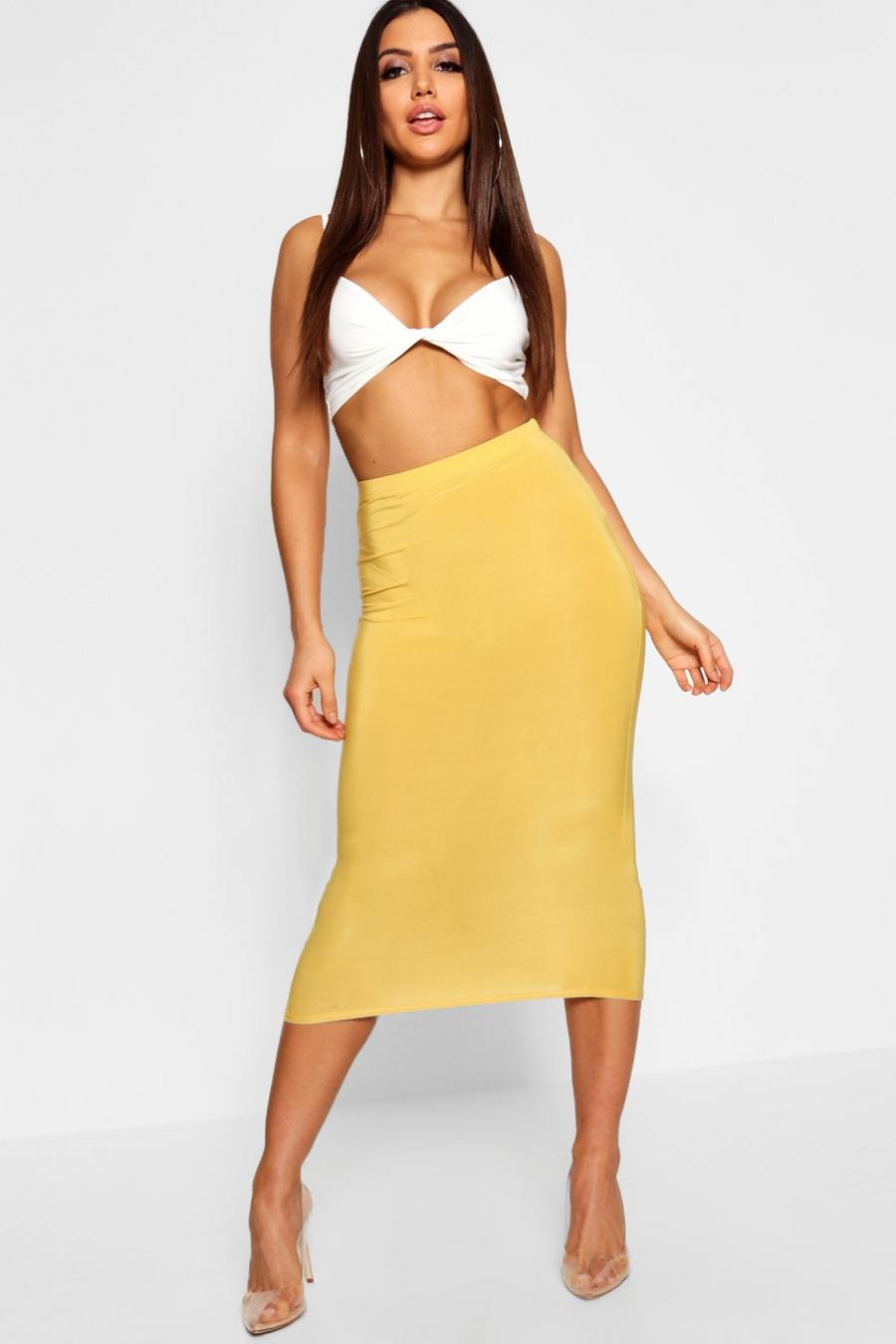 Mustard Basic High Waist Slinky Fitted Midi Skirt image number 1