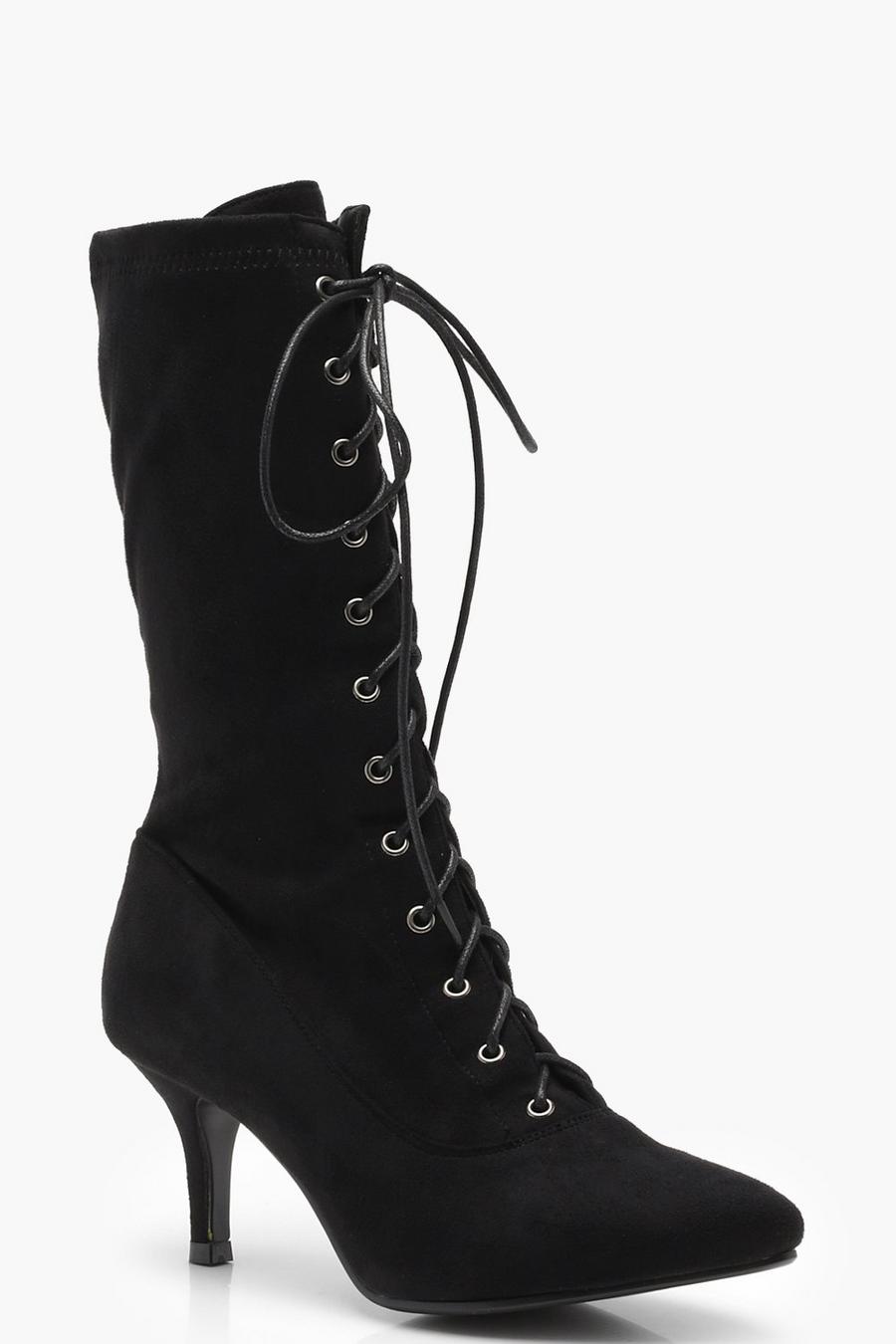 Black Zoe Lace Up Pointed Kitten Heel Shoe Boots image number 1