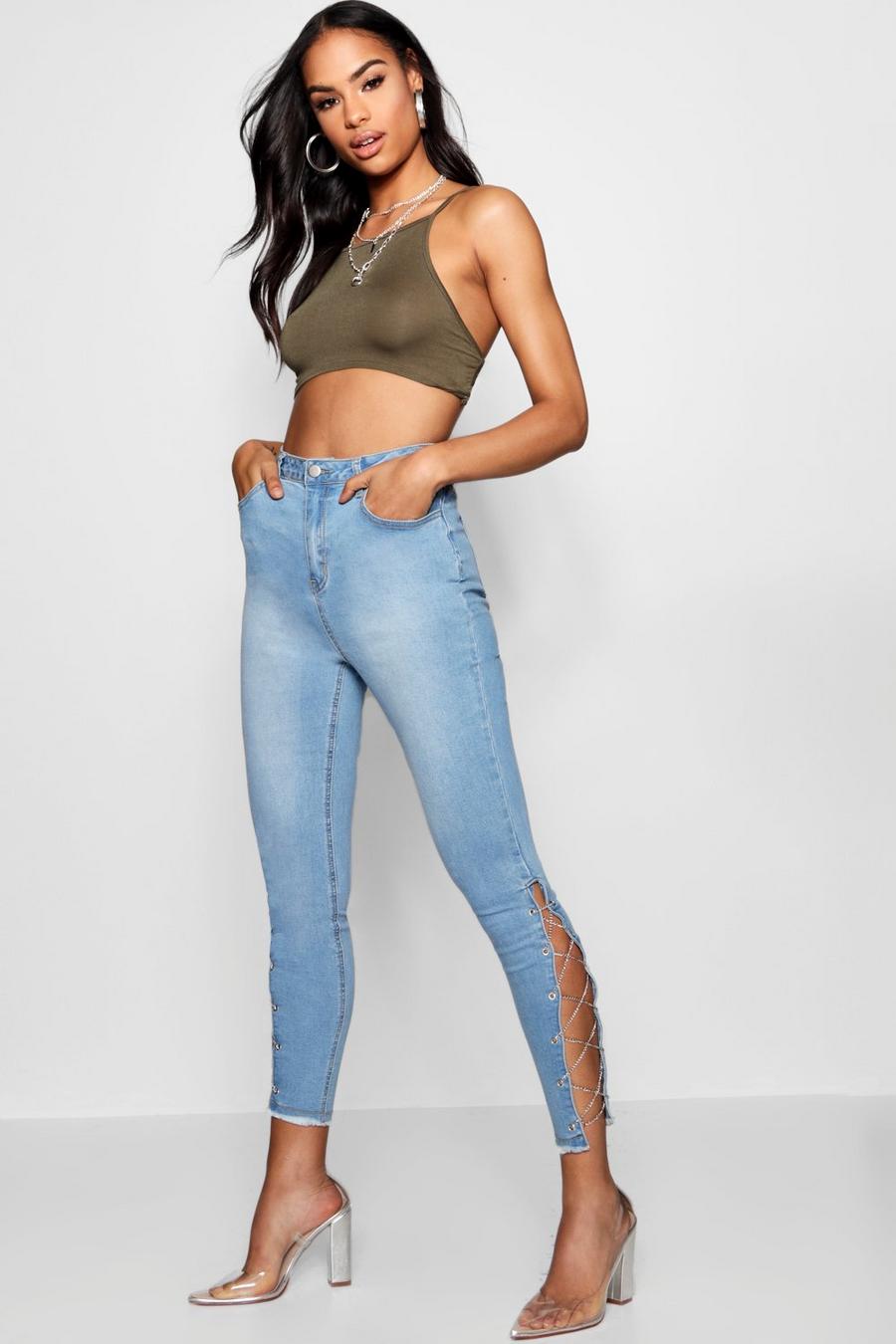 Light blue Chain Lace Up Side Skinny Jeans image number 1