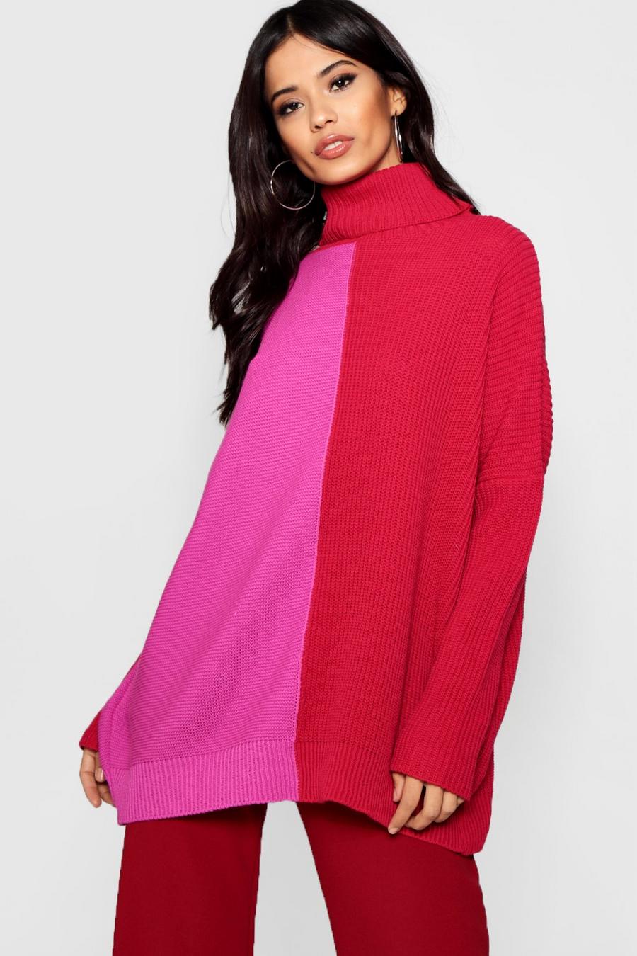 Monochrome Colour Block Roll Neck Jumper, Red image number 1