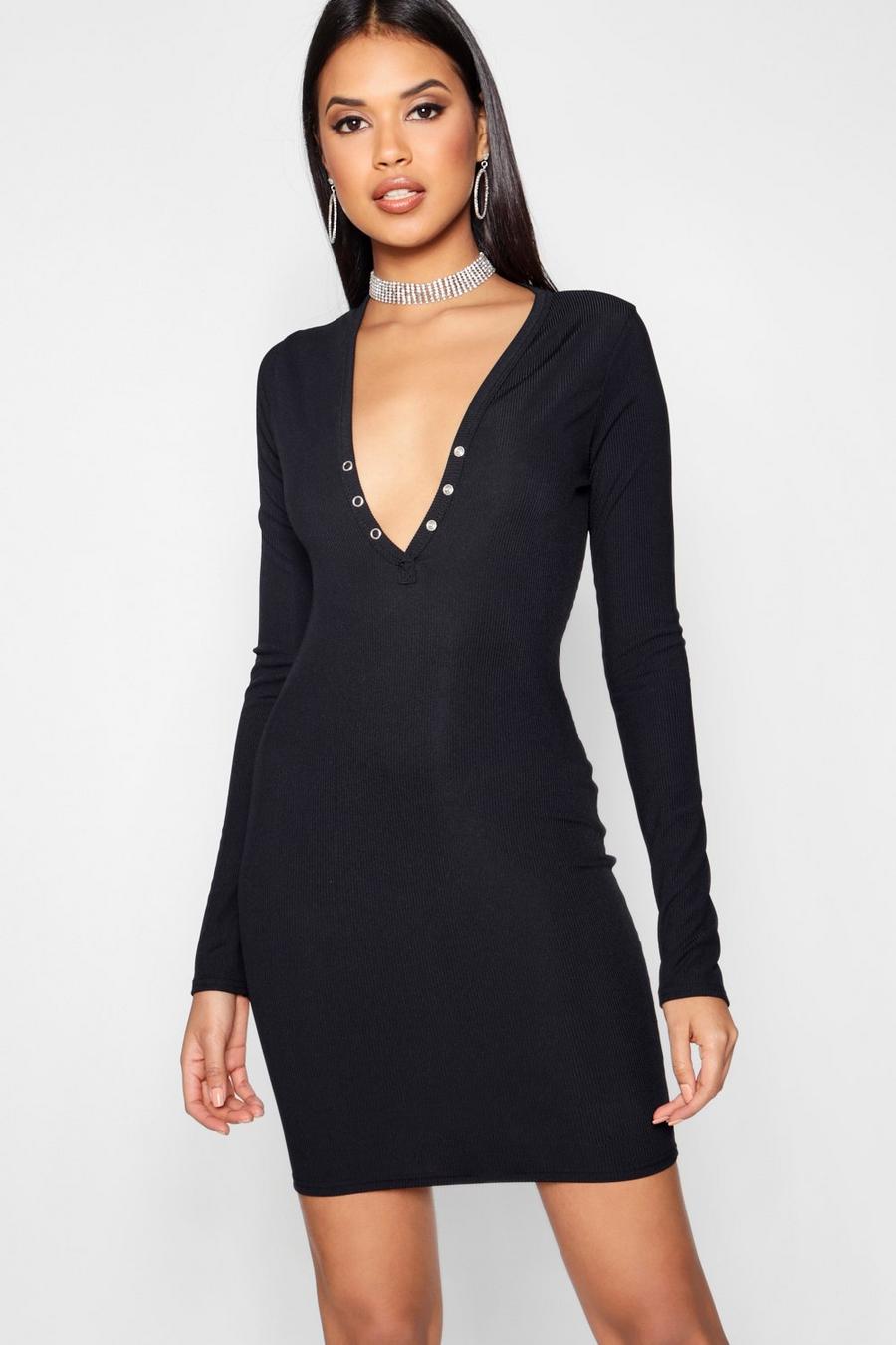 Black Popper Detail Ribbed Bodycon Dress image number 1