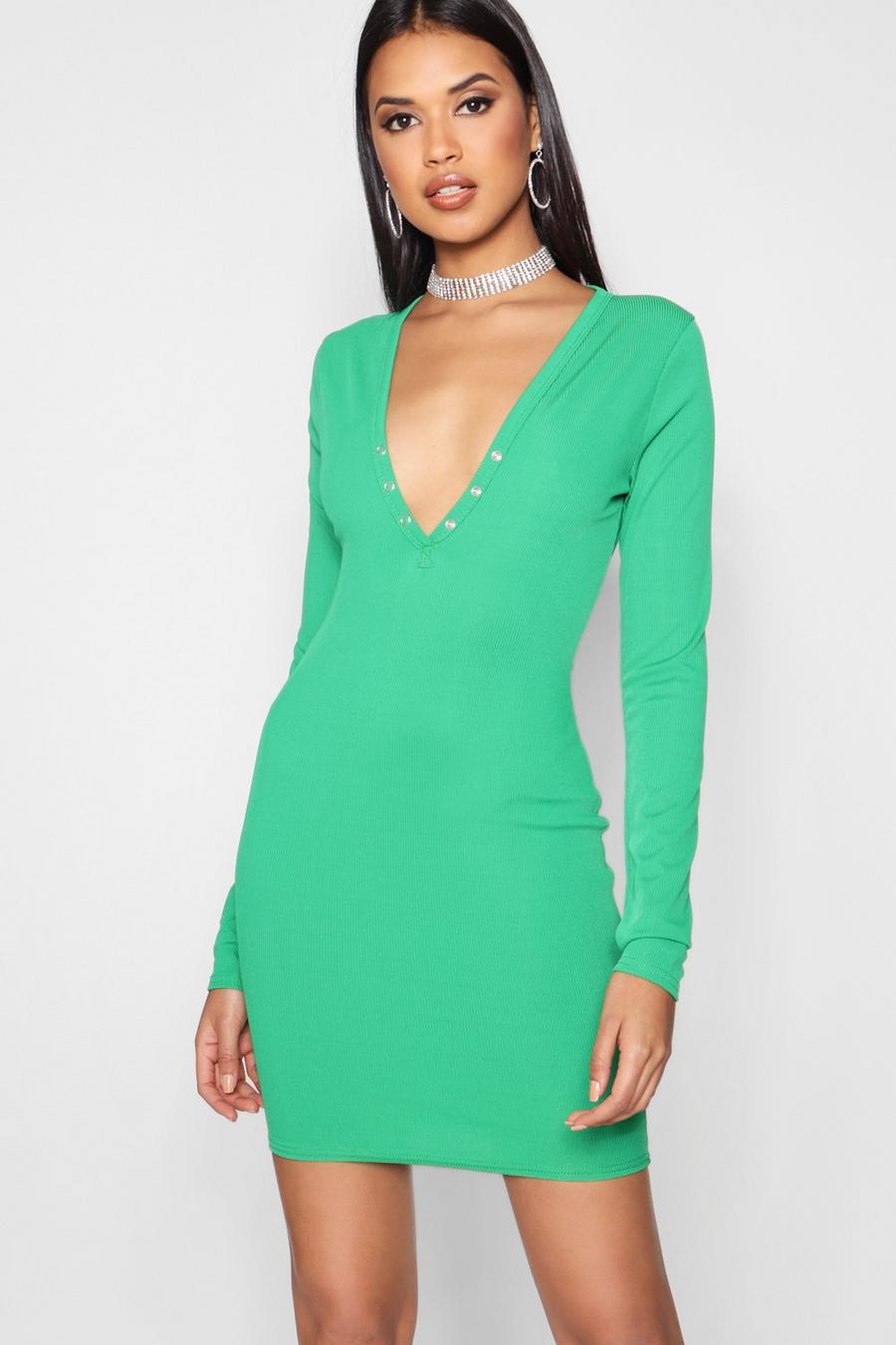 Popper Detail Ribbed Bodycon Dress, Leaf green image number 1