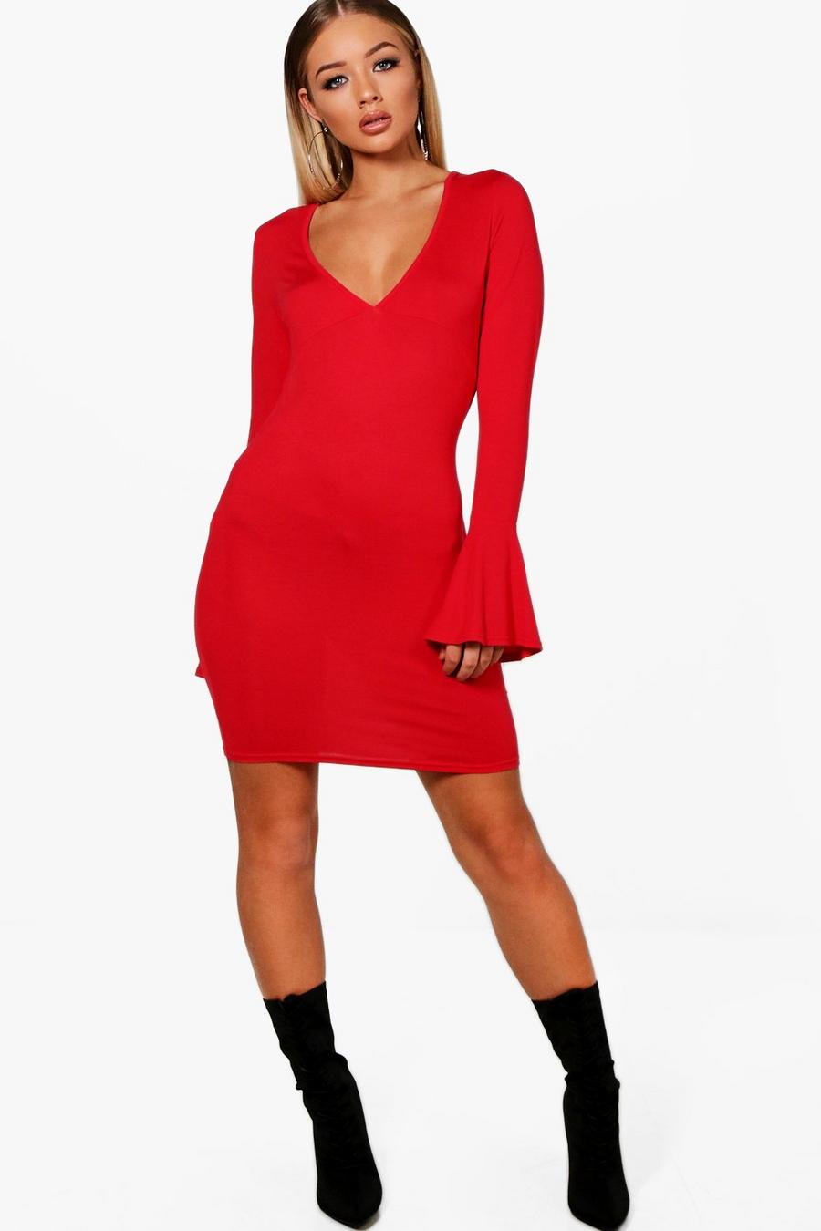 Micro Mini Plunge Flute Sleeve Bodycon Dress image number 1