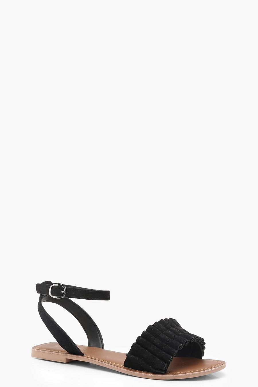 Black Frill Detail Ankle Strap Suede Sandals image number 1