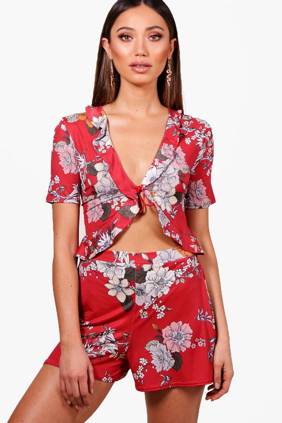 Ruffle Cut Front Floral Romper image number 1
