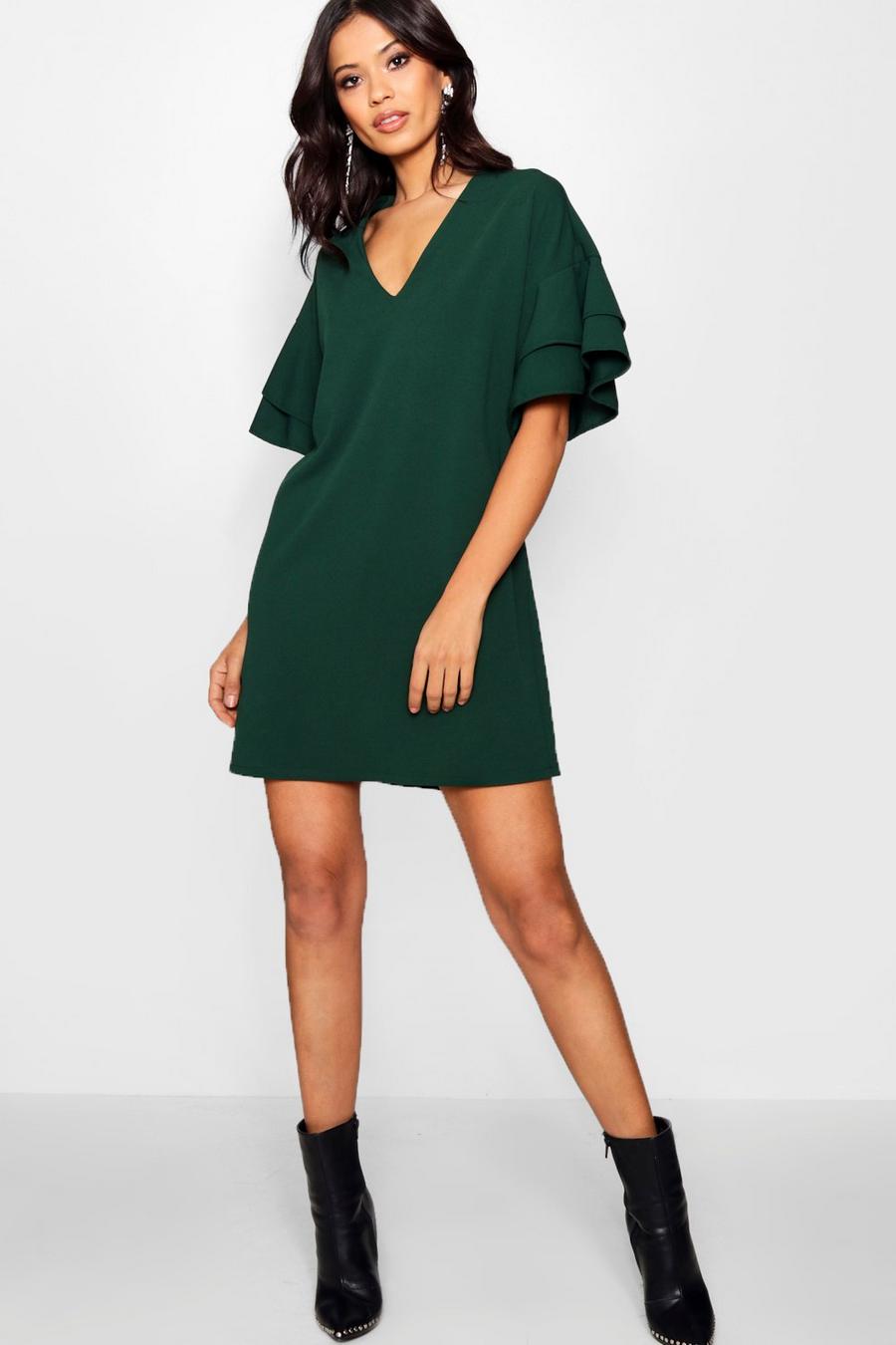 Leaf green Woven Ruffle Sleeve Shift Dress image number 1