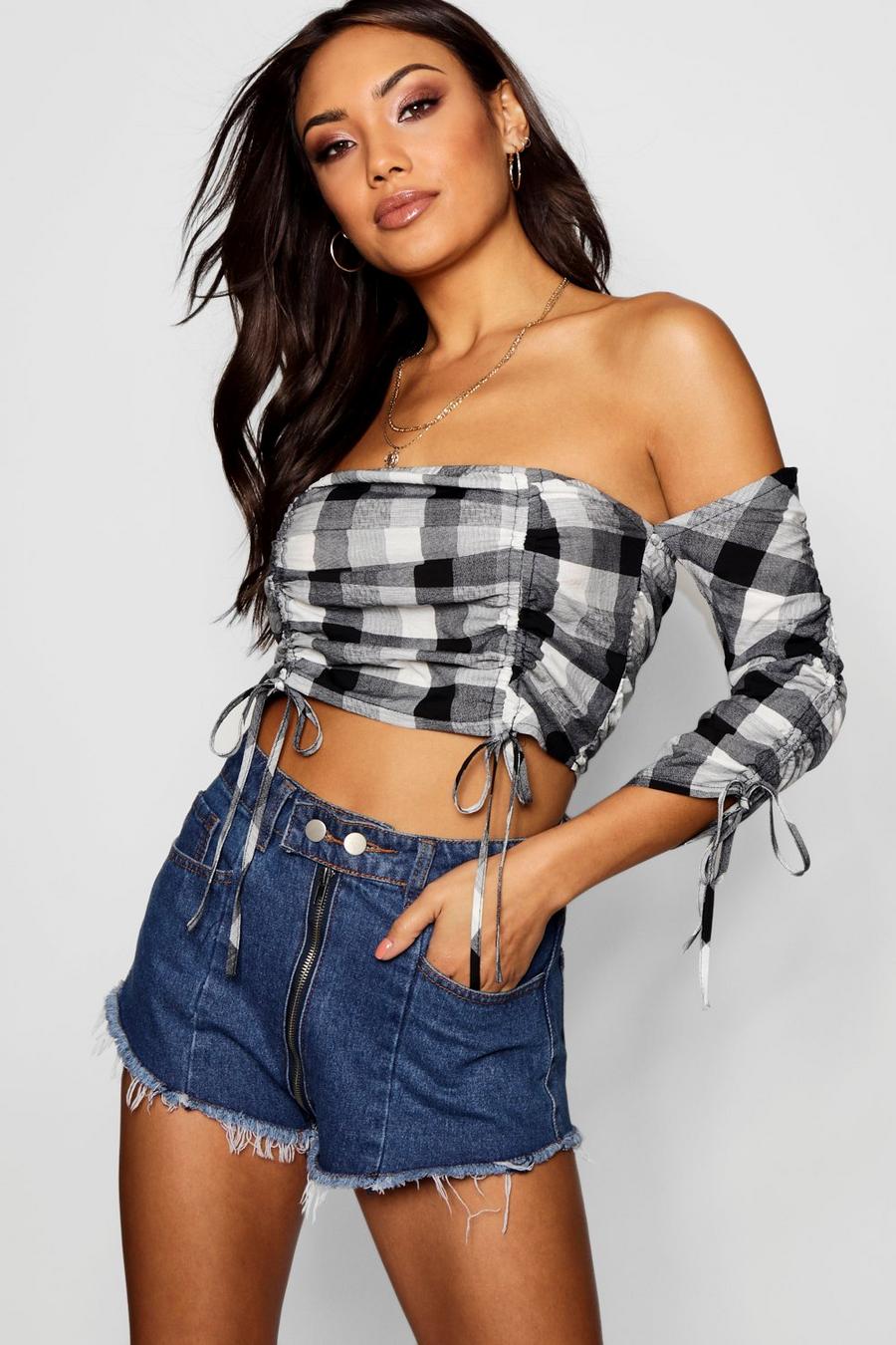 Gingham Ruched Front Woven Crop image number 1