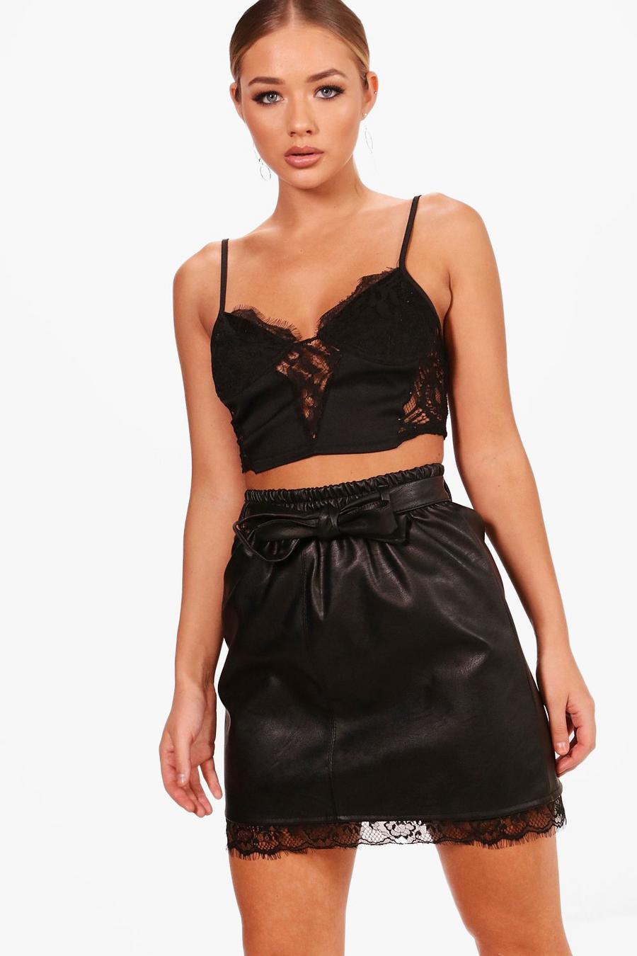 Black Lace Trim Faux Leather Skirt image number 1