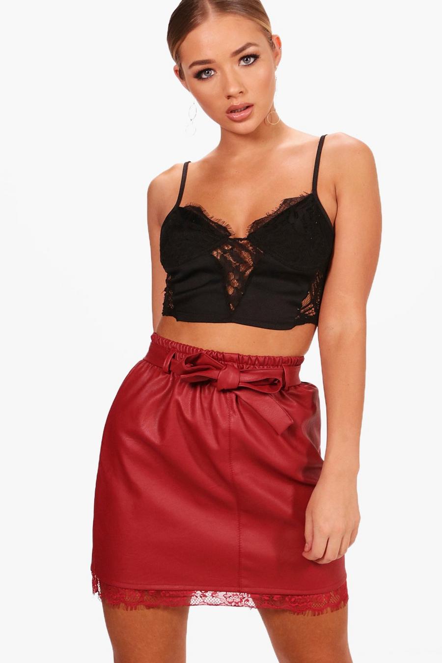 Lace Trim Leather Look Skirt, Red image number 1