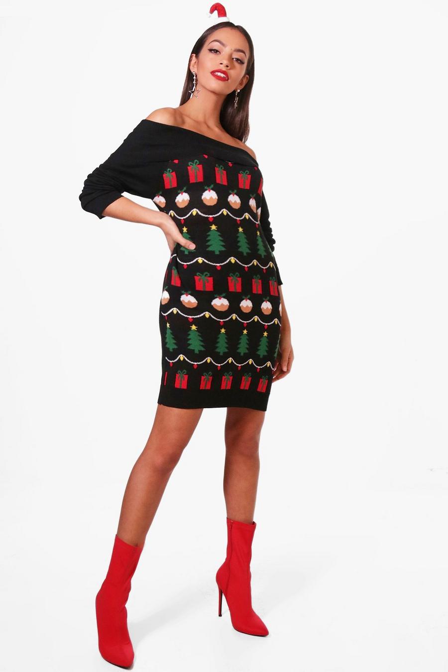 Bardot weihnachtliches Pulloverkleid mit, Schwarz image number 1