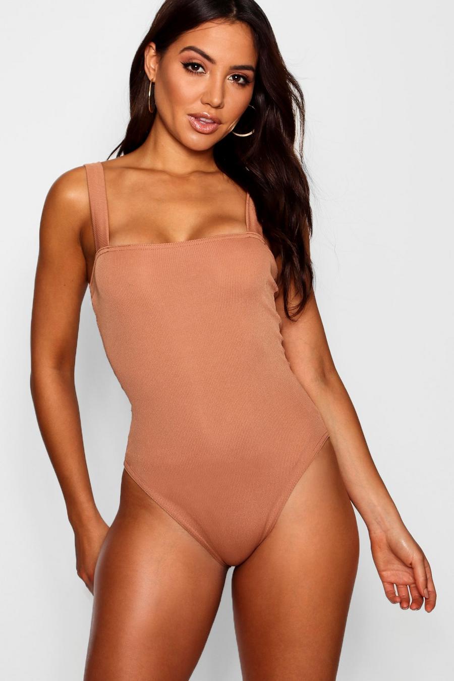 Camel Basic Rib Square Neck Thick Strap Bodysuit image number 1