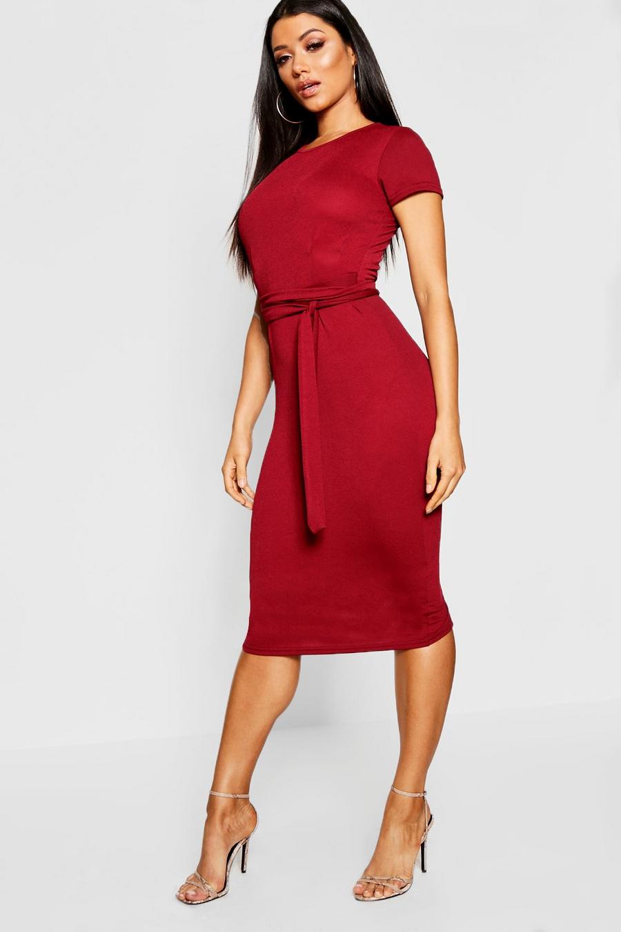 Berry Jersey Crepe Pleat Front Belted Midi Dress