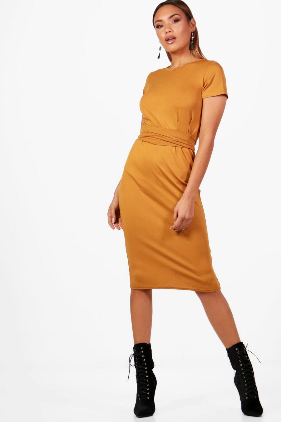 Mustard Jersey Crepe Pleat Front Belted Midi Dress image number 1