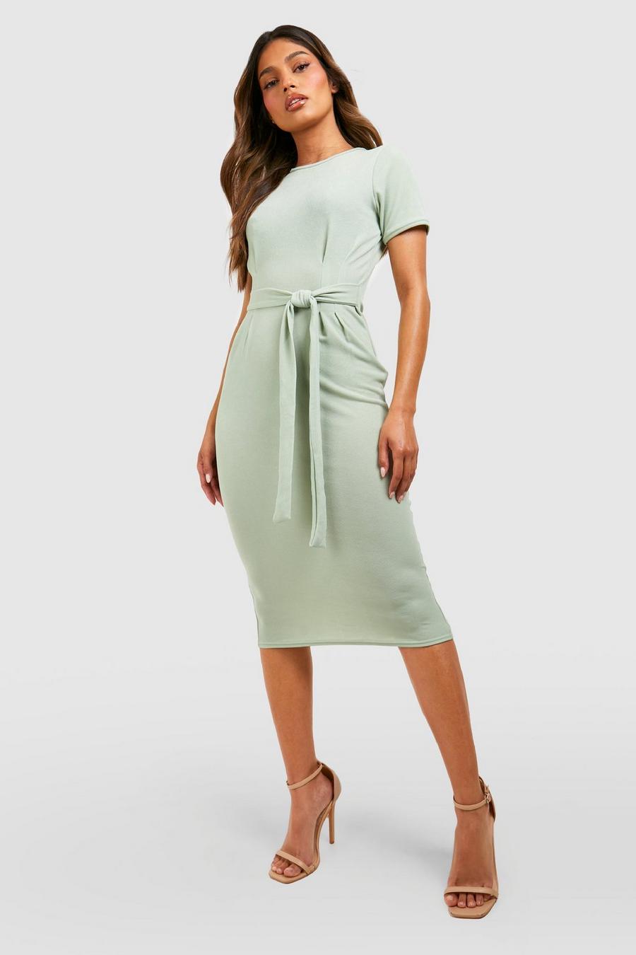 Sage Jersey Crepe Pleat Front Belted Midi Dress