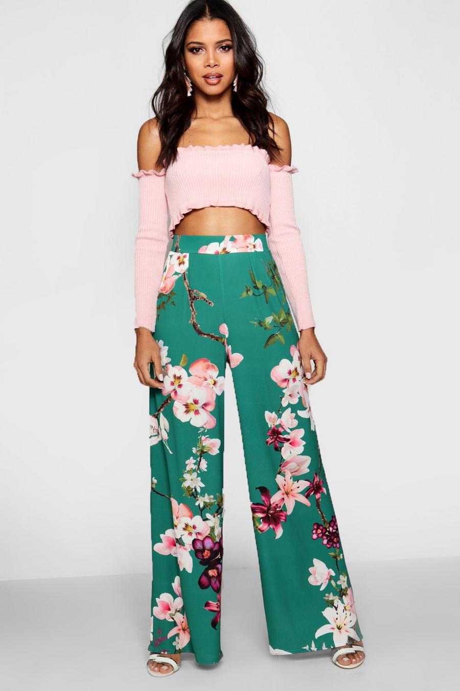 Pantalón de tiro alto y pernera ancha con estampado de flores, Esmeralda image number 1