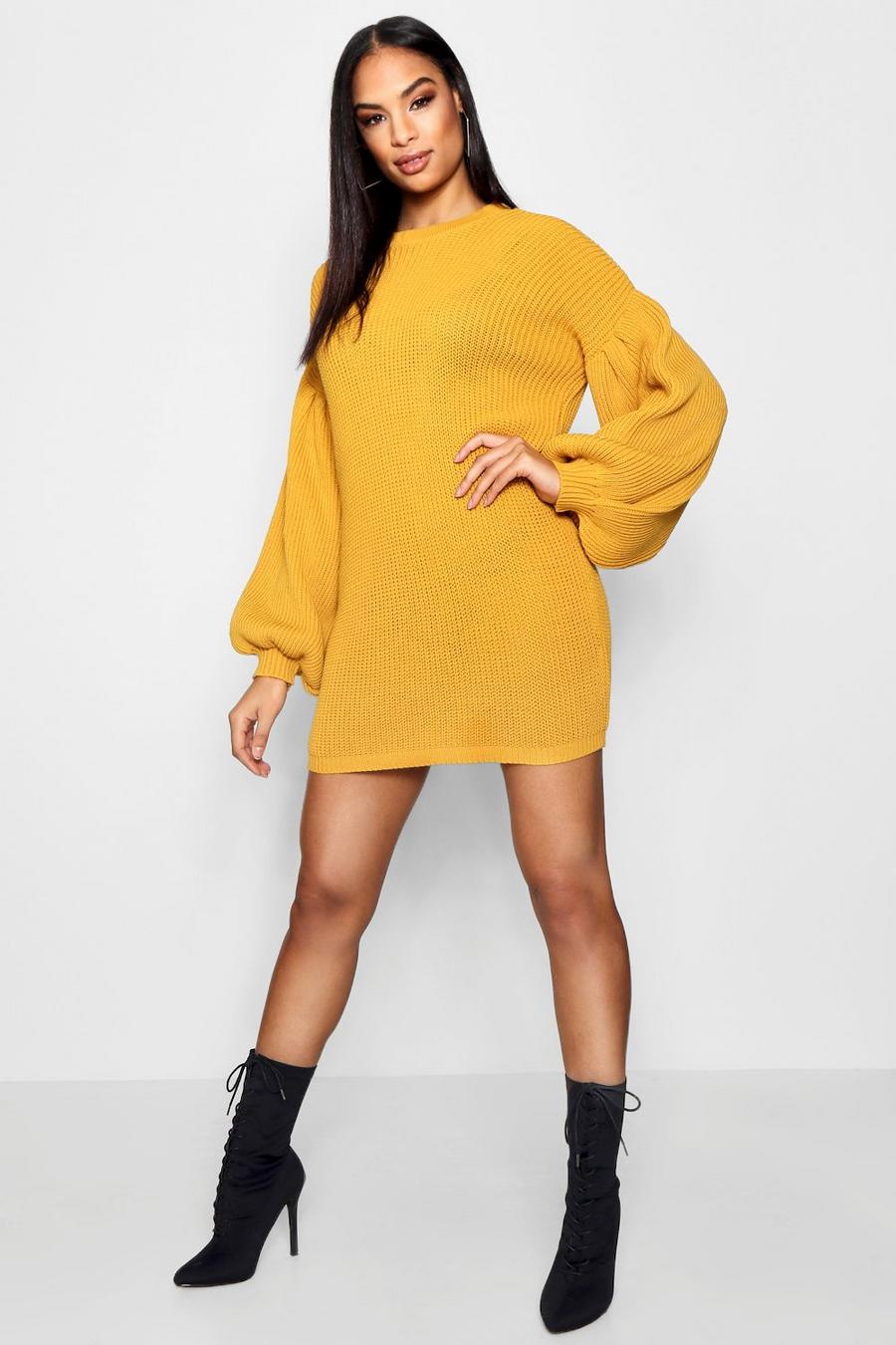 Vestido estilo suéter con manga ancha, Mustard image number 1