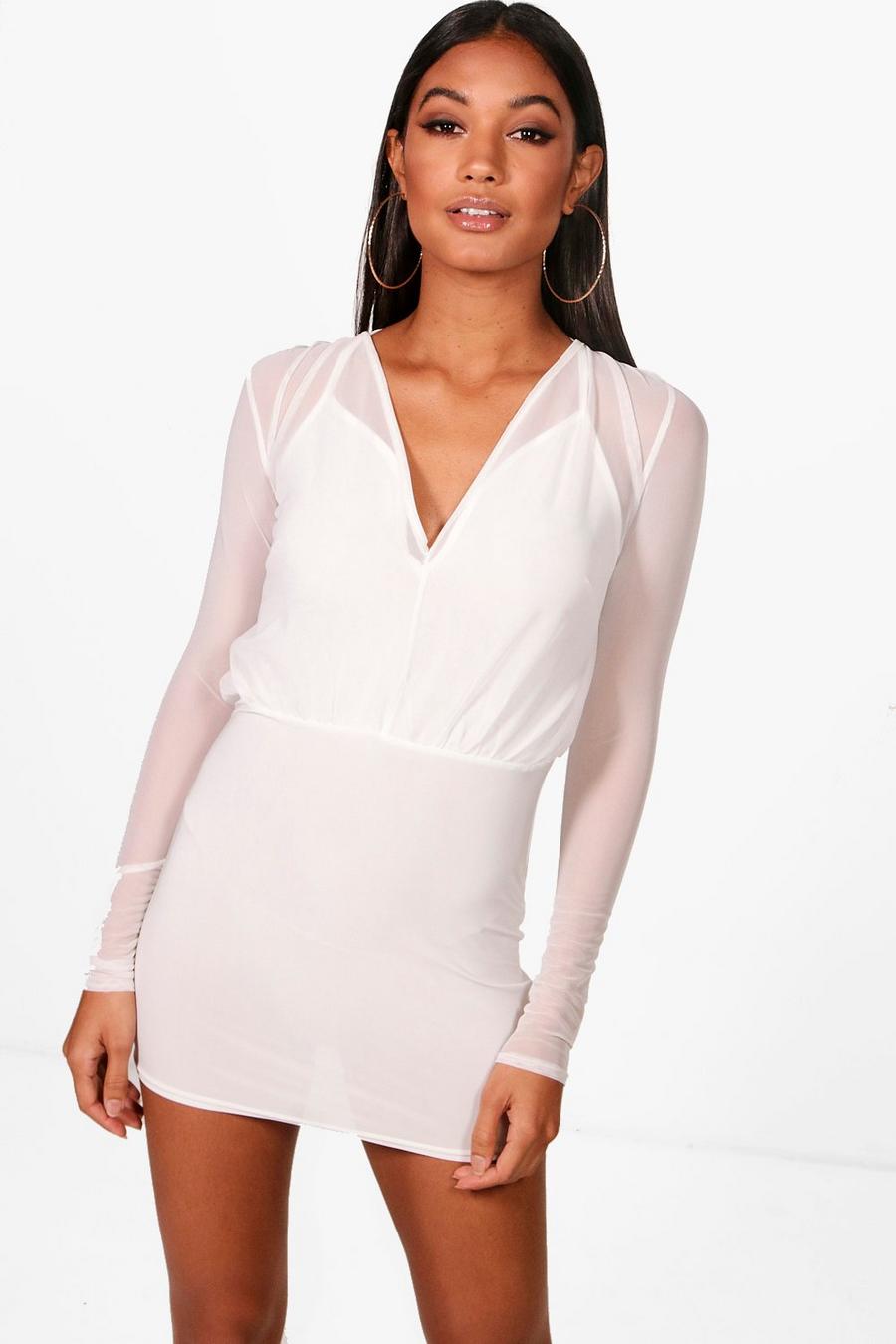 Ivory Mesh 2 in 1 Strappy Micro Mini Bodycon Dress image number 1