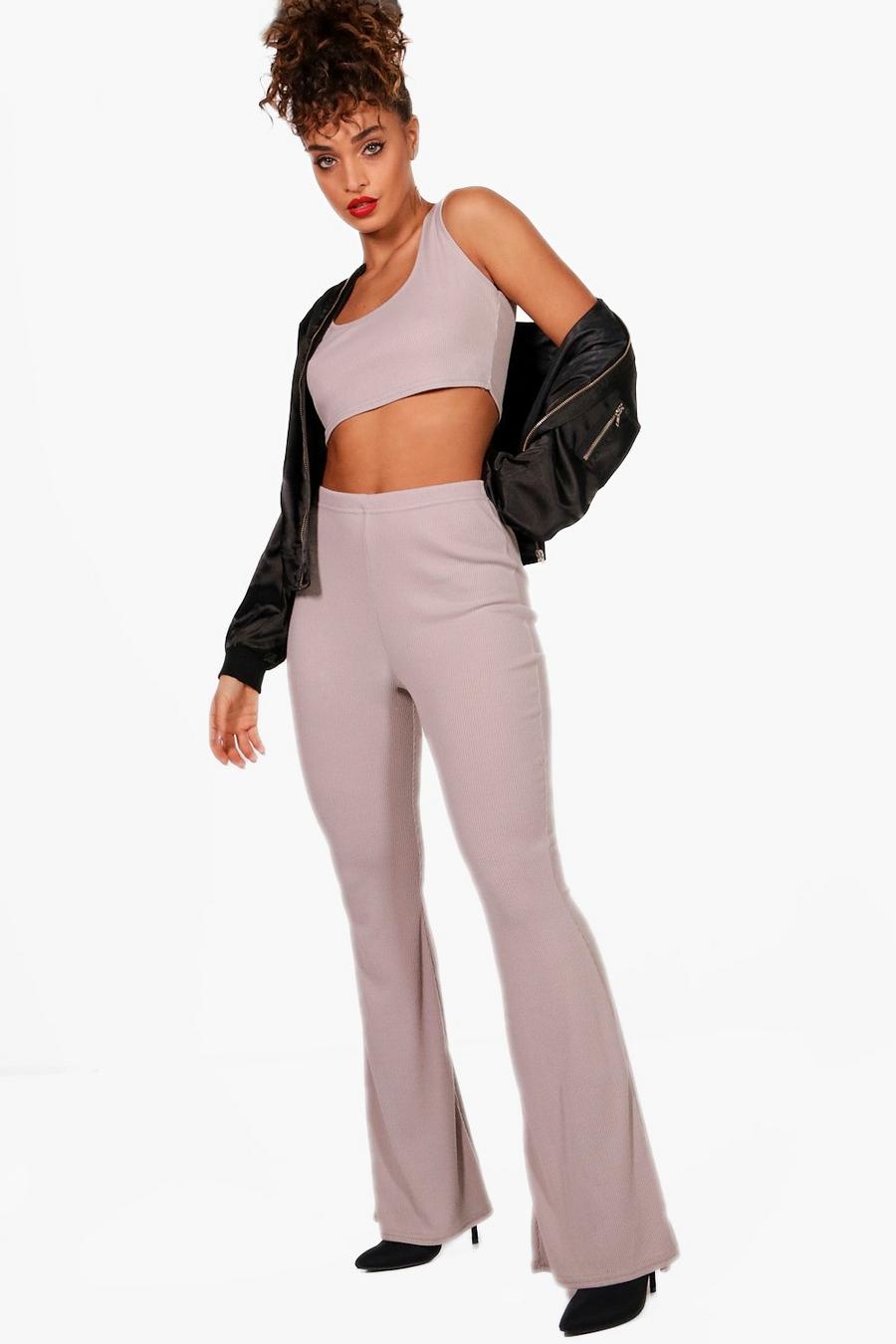 Grey marl Basic Rib and Flared Trouser Co-ord image number 1