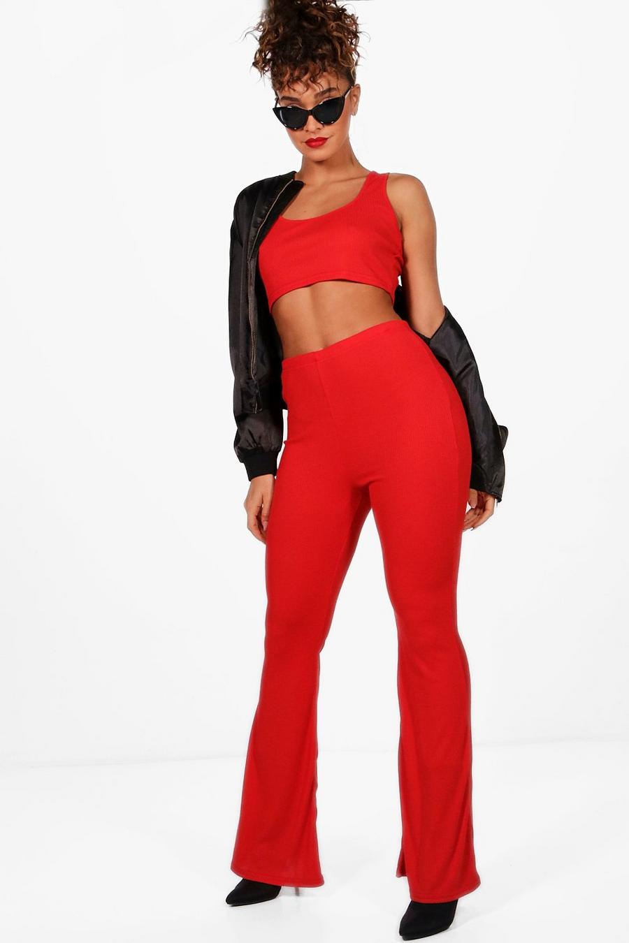 Red Basic Rib And Flared Pants Co-Ord image number 1