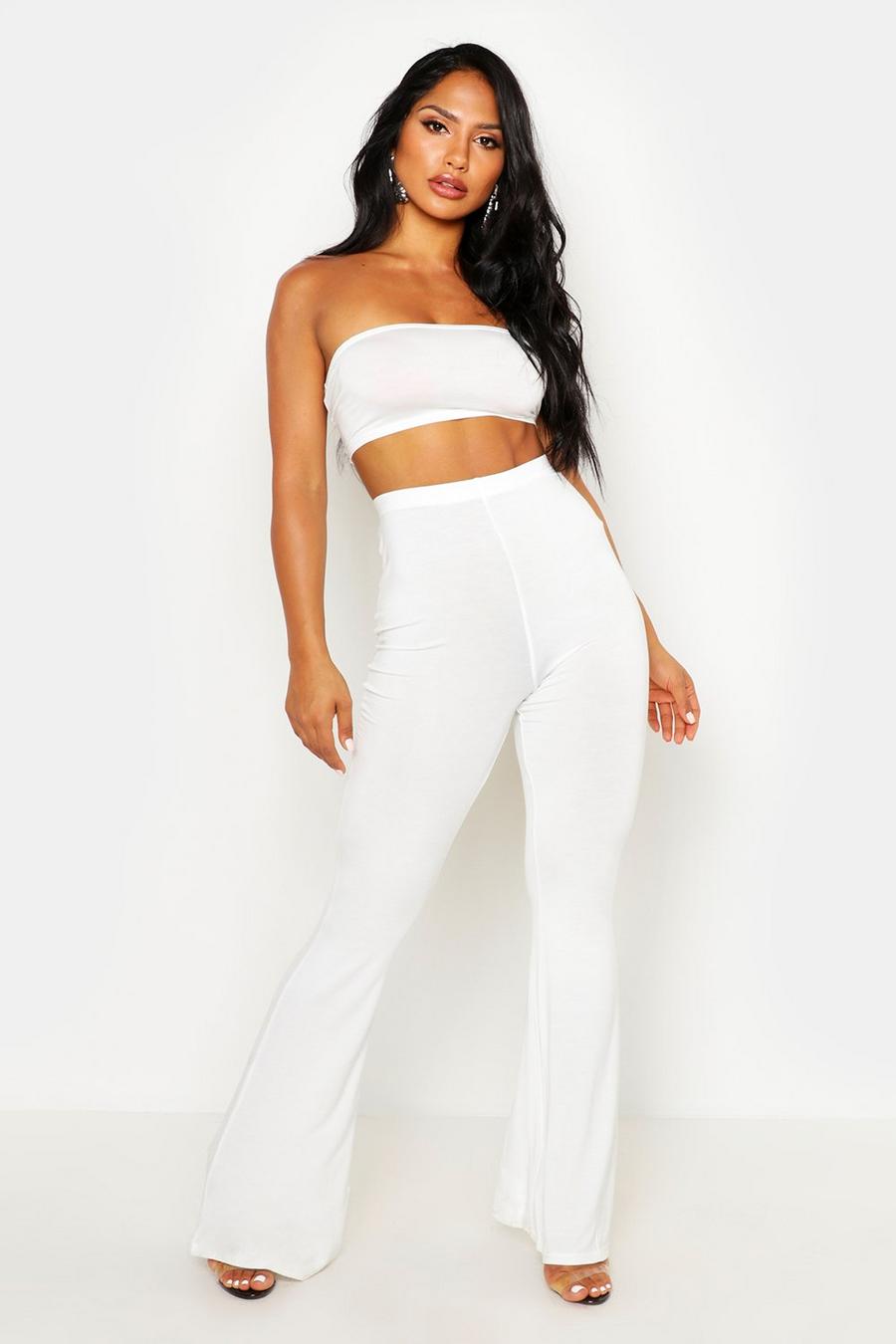 White Basic Bandeau and Flared Trouser Co-ord Set image number 1