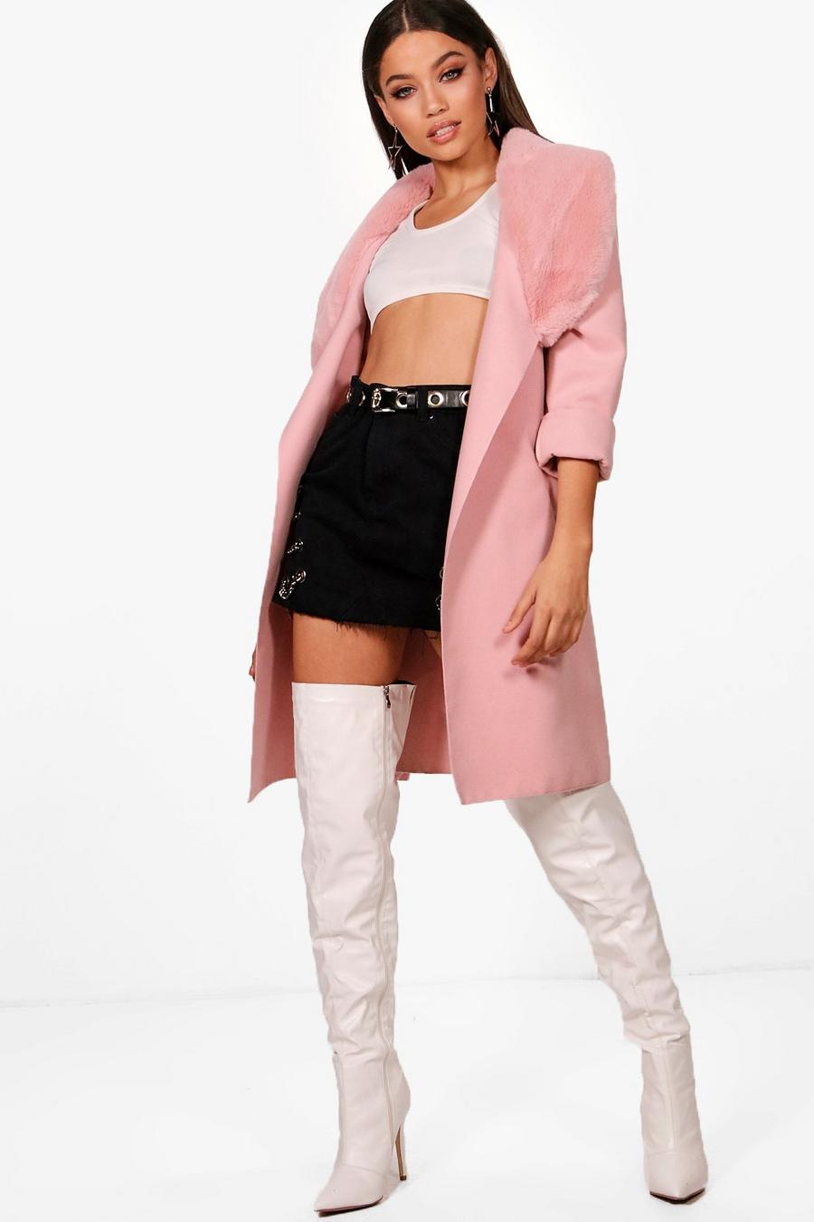 Faux Fur Collar Coat, Pink image number 1