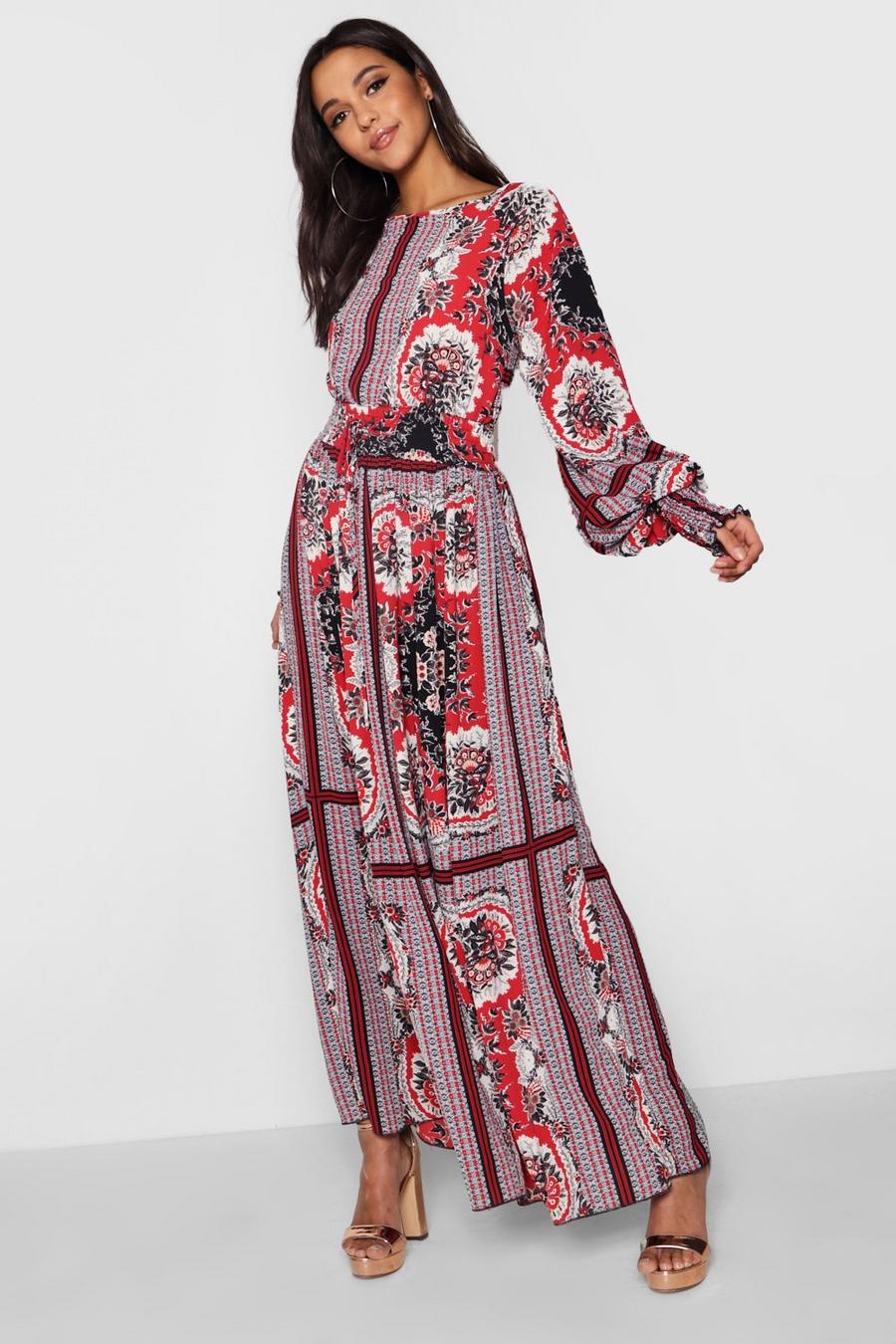 Fire red Shirred Waist Scarf Print Maxi Dress