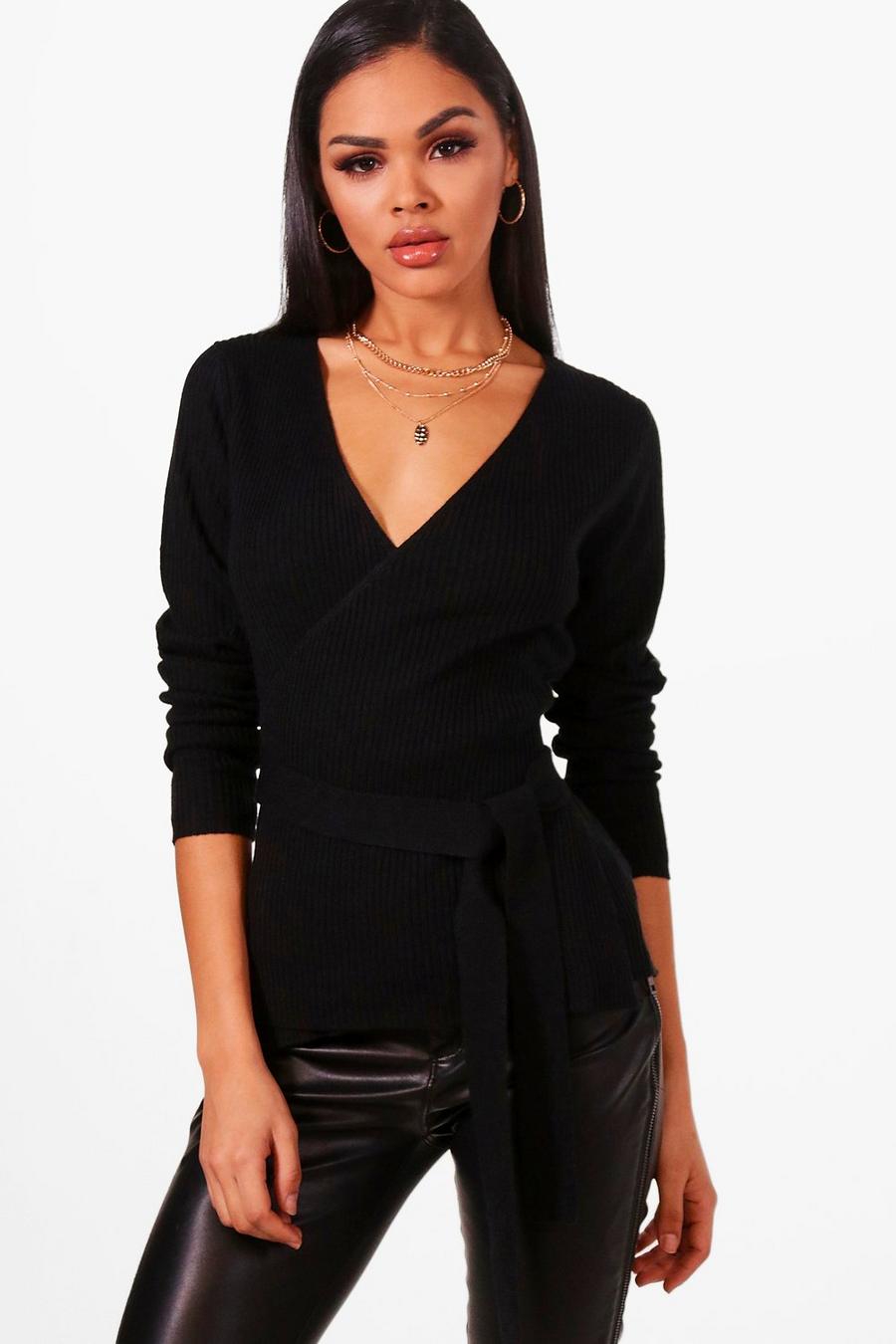 Rib Knitted Wrap Top, Black image number 1