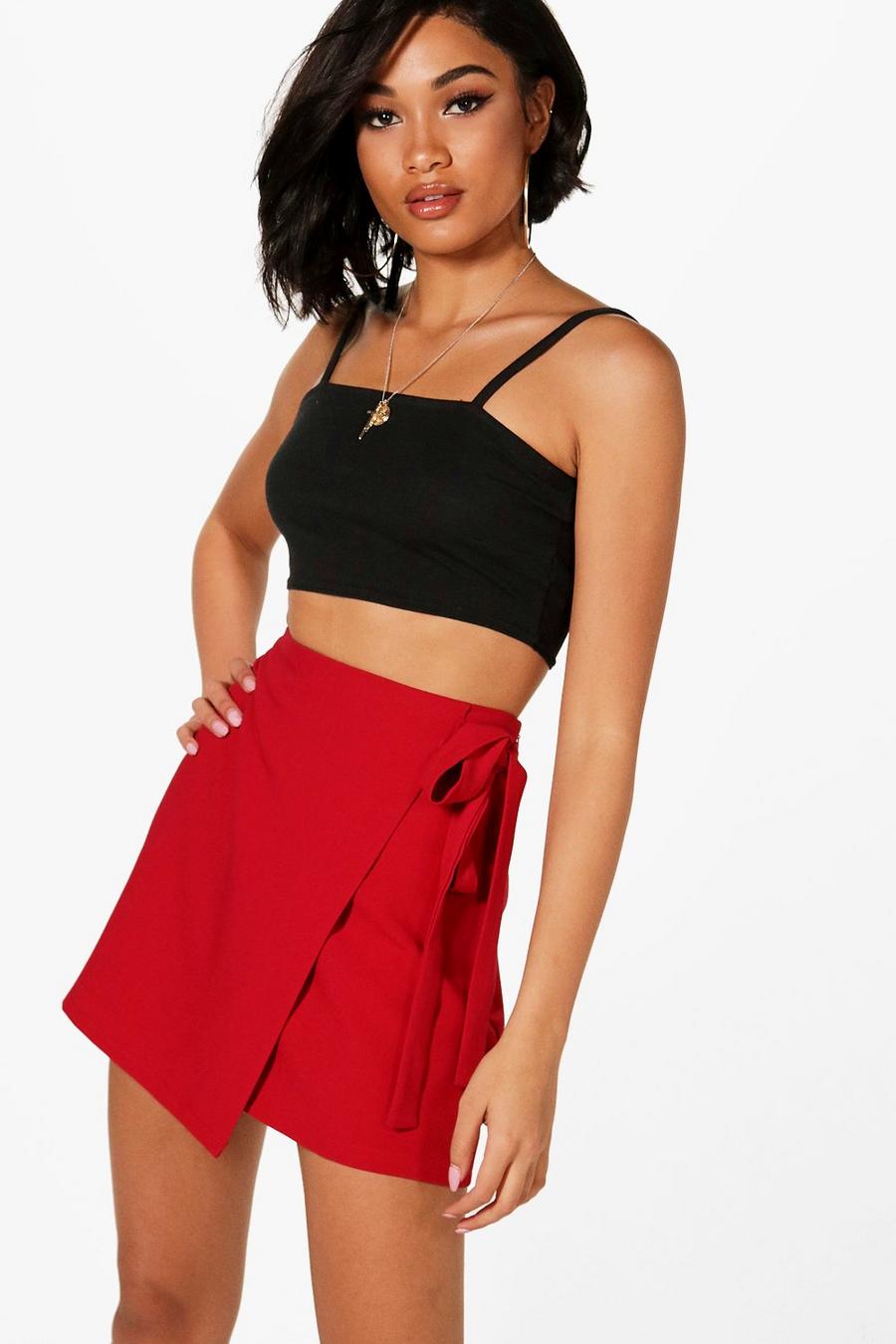 Red Wrap Tie Front Woven Mini Skirt image number 1