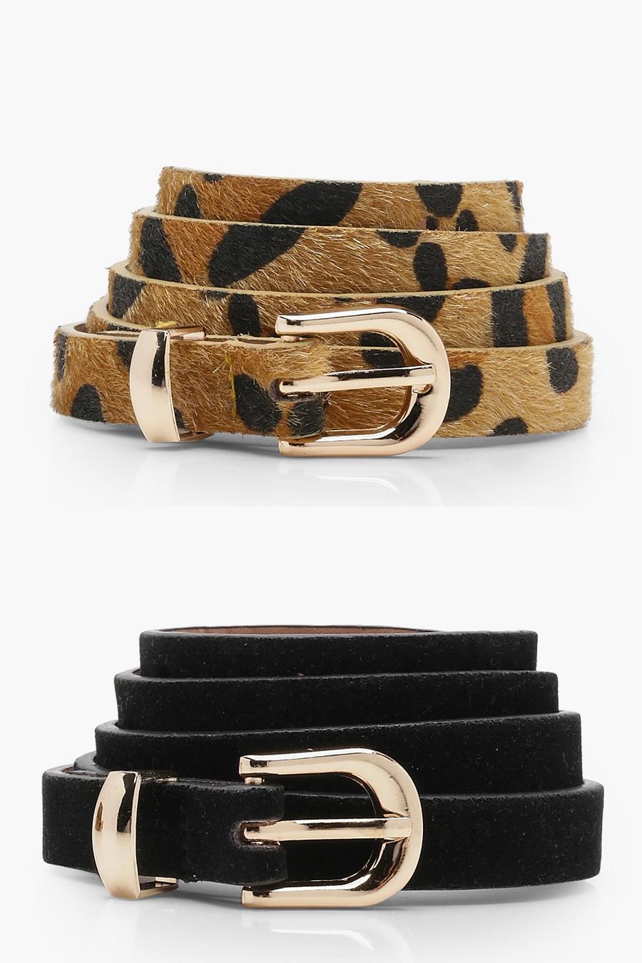 Pack de 2 cinturones de ante sintético con estampado de leopardo, Negro image number 1