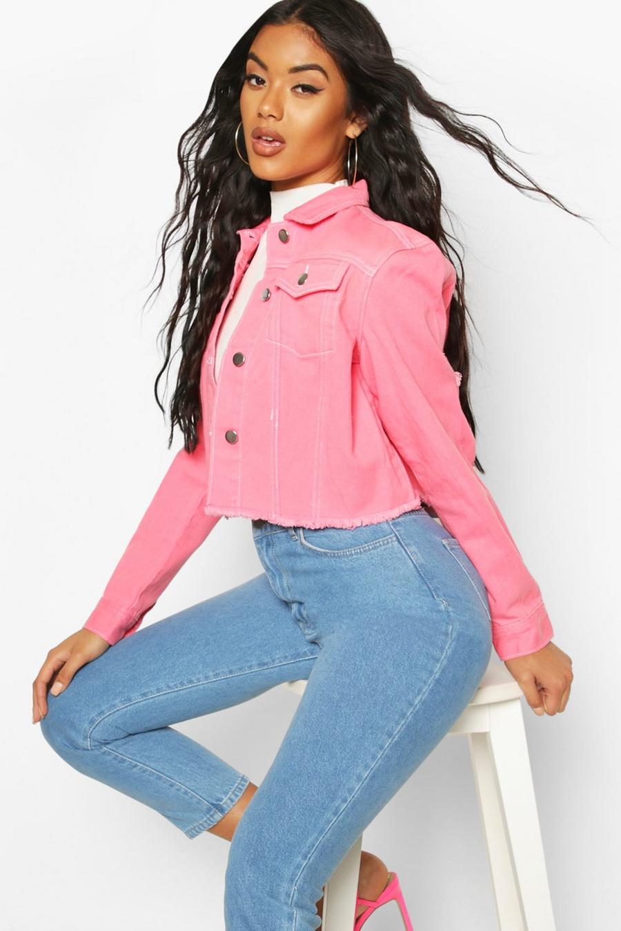 Kurze Jeansjacke mit Kontrastnähten in Pink, Rosa image number 1