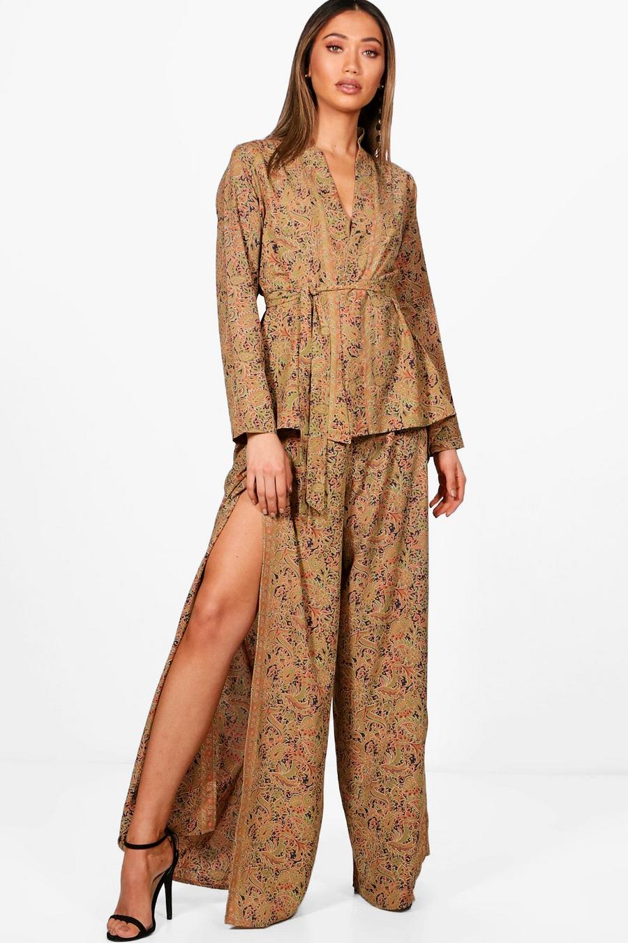 Silky Kimono and Split Trouser Co-ord, Olive image number 1