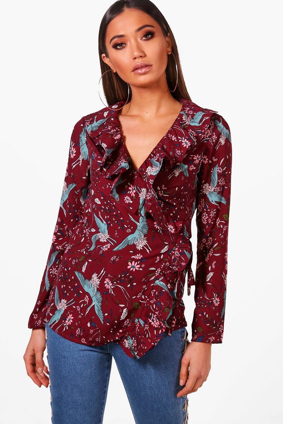 Wine Printed Woven Ruffle Front Blouse image number 1