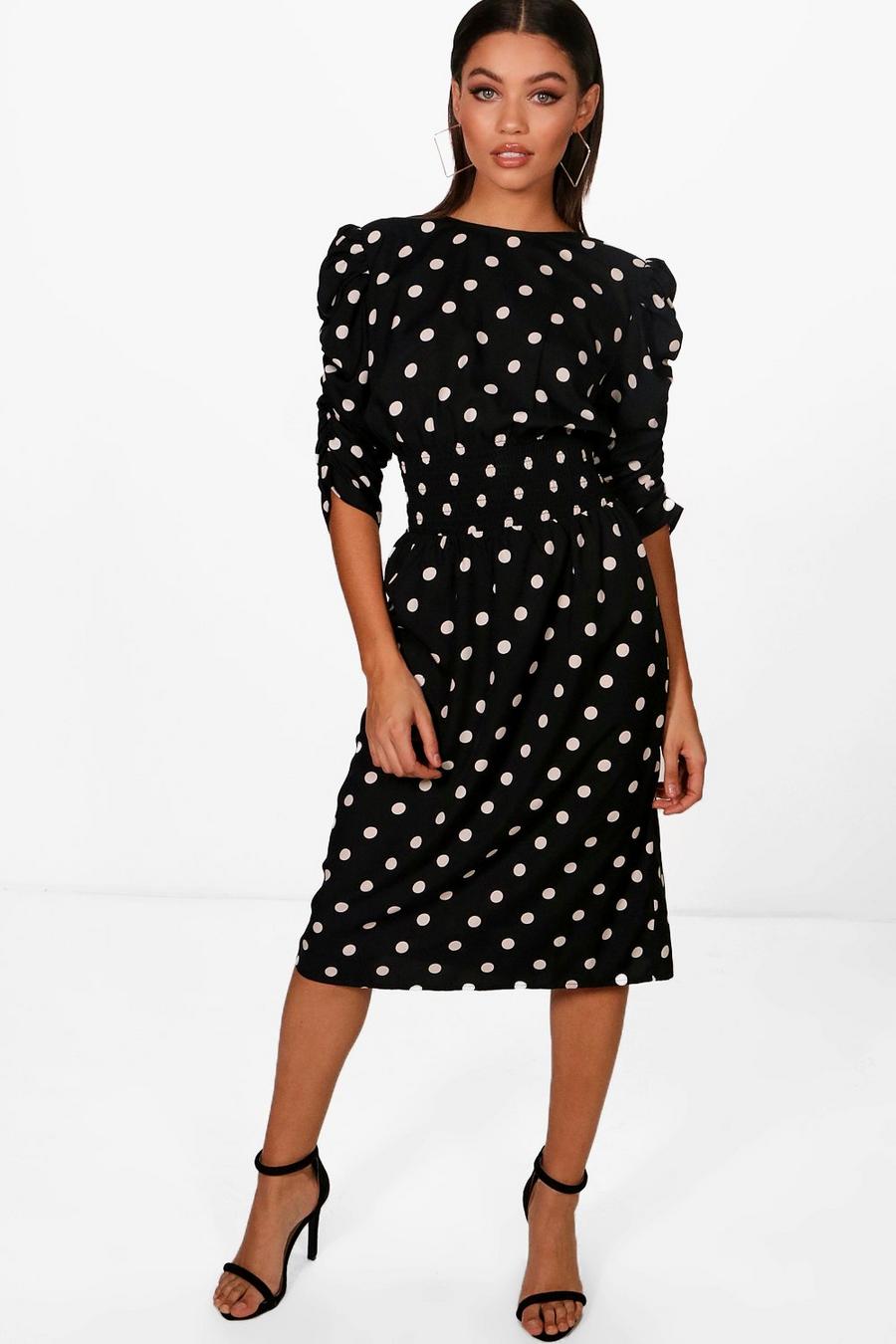 Ruched Sleeve Shirred Polka Dot Midi Dress image number 1