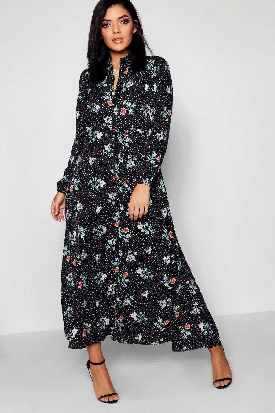 Polka Dot & Floral Print Split Maxi Shirt Dress image number 1