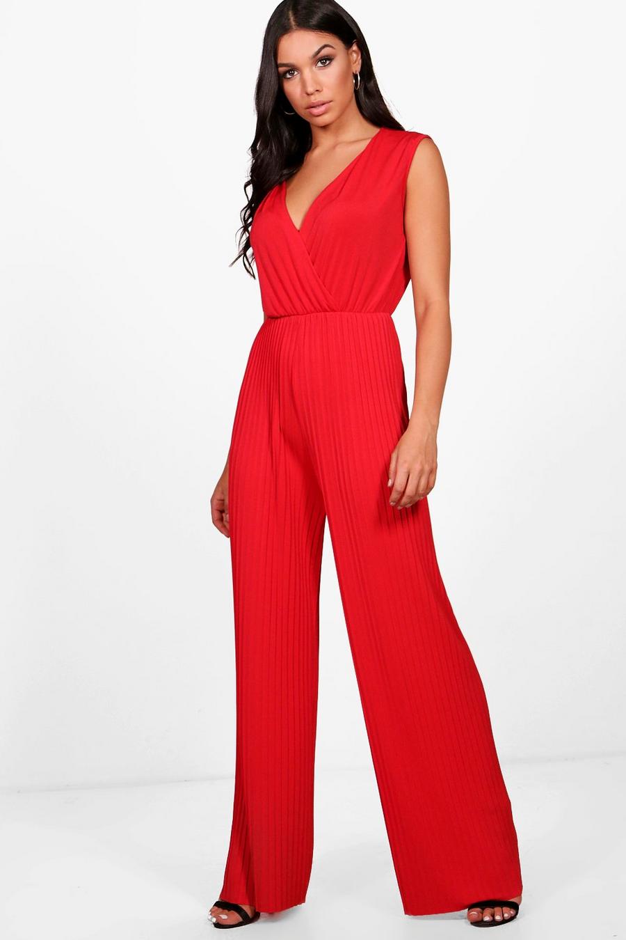 Pleated Plunge Jumpsuit, Red image number 1