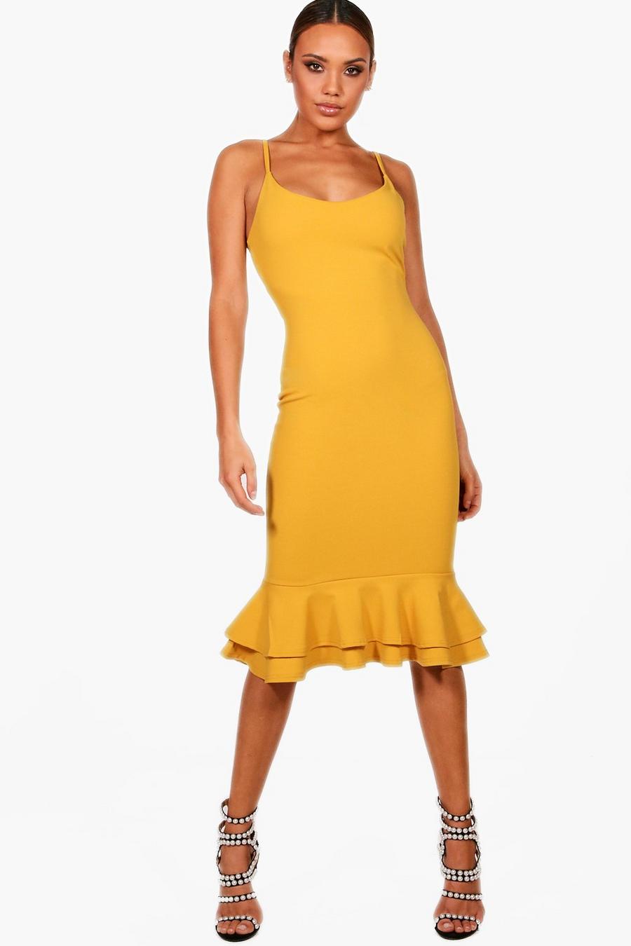 Mustard Midiklänning med volangfåll och smala axelband image number 1