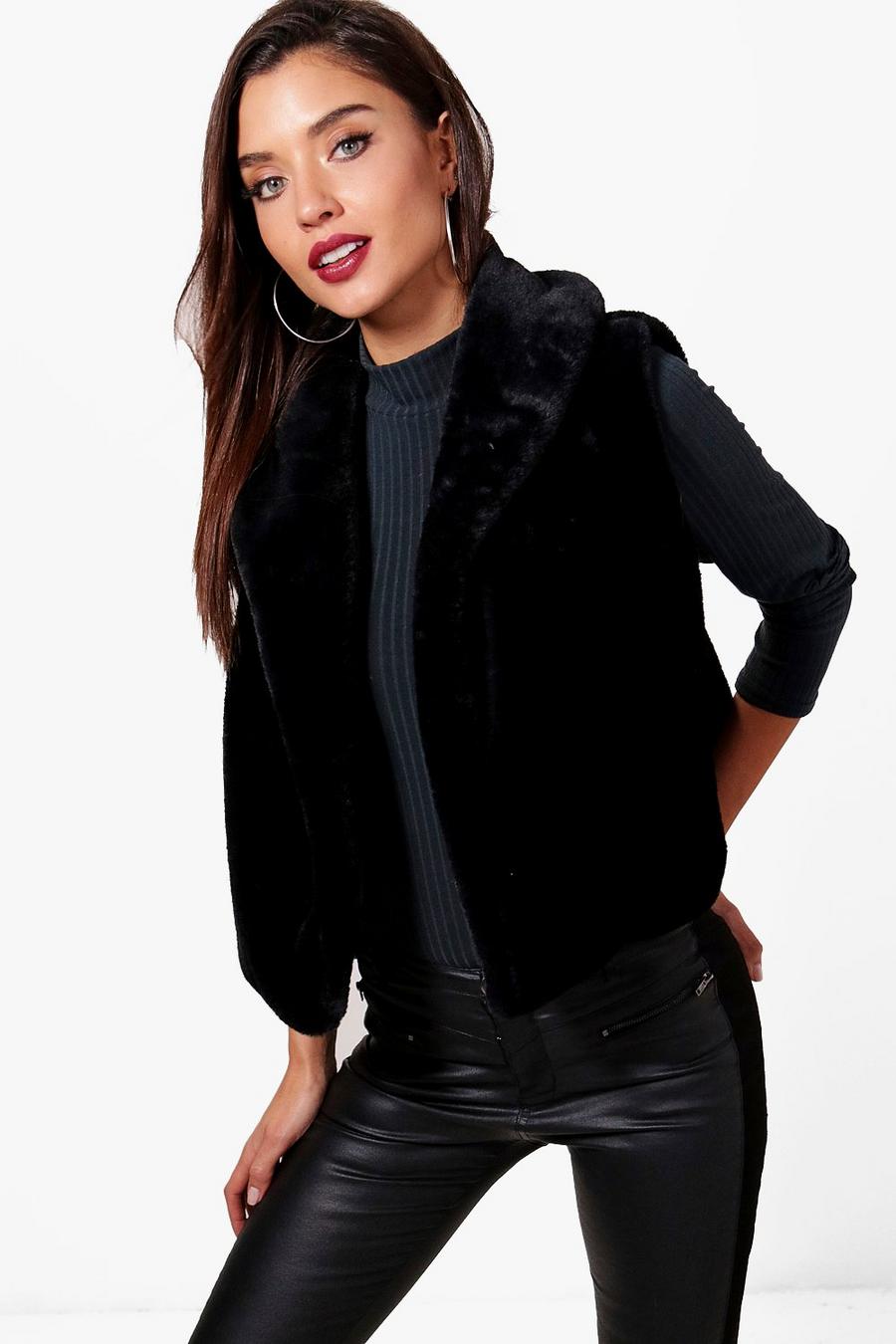 Black Sleeveless Drape Faux Fur Gilet image number 1