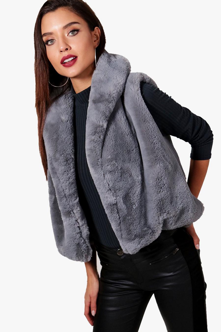 Sleeveless Drape Faux Fur Gilet, Grey image number 1