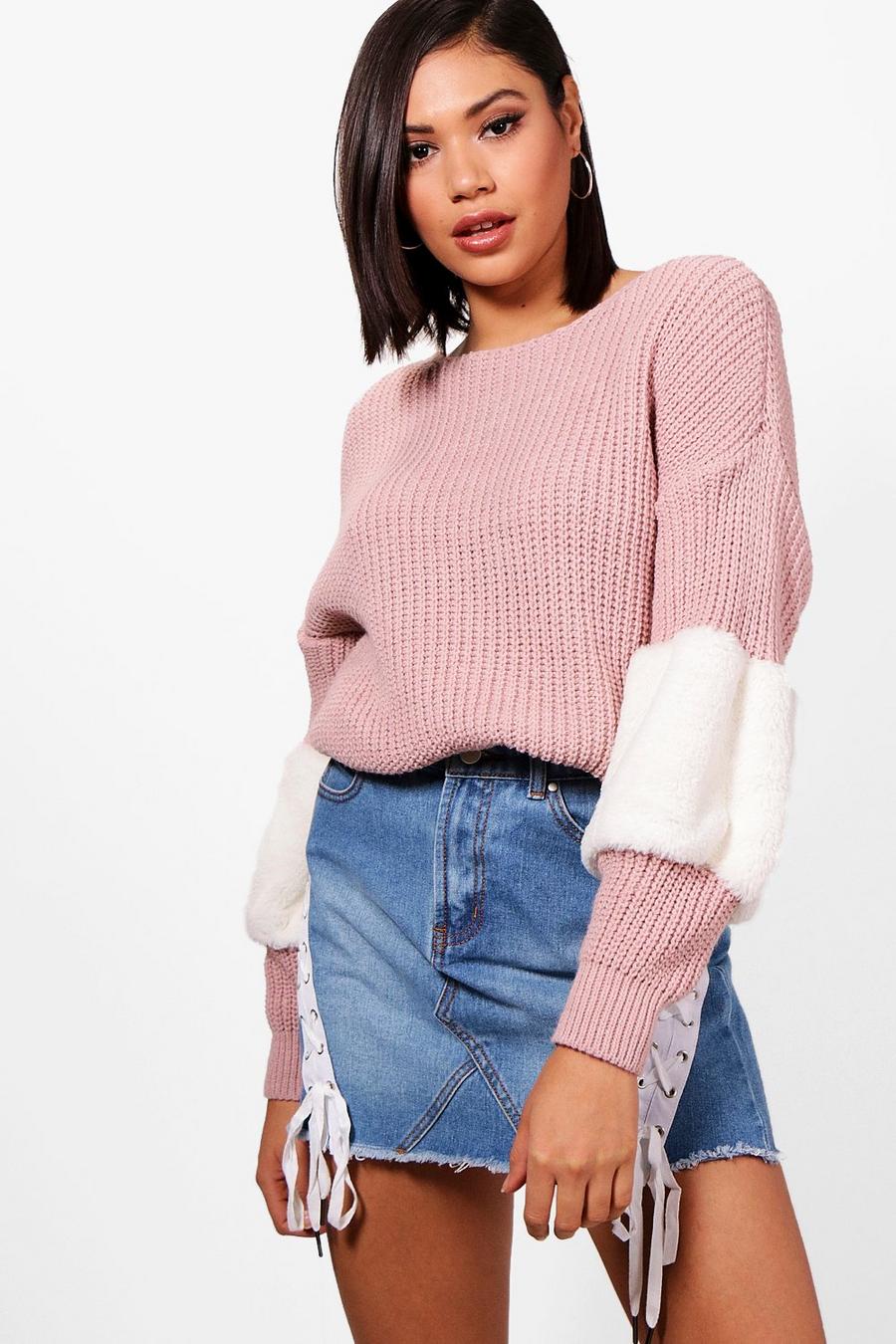 Pink Faux Fur Trim Sweater image number 1