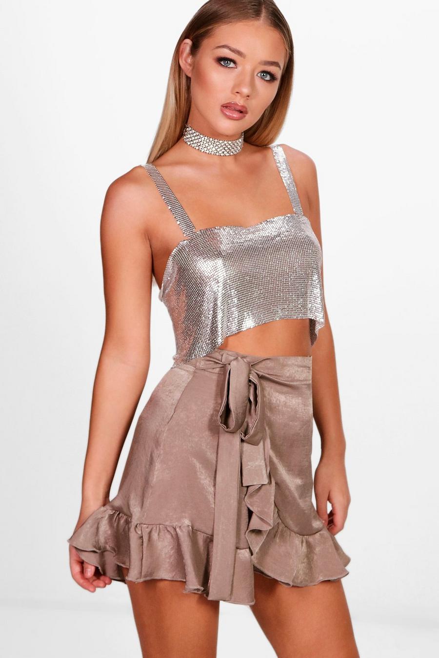 Tie Waist Wrap Ruffle Sateen Mini Skirt, Silver image number 1