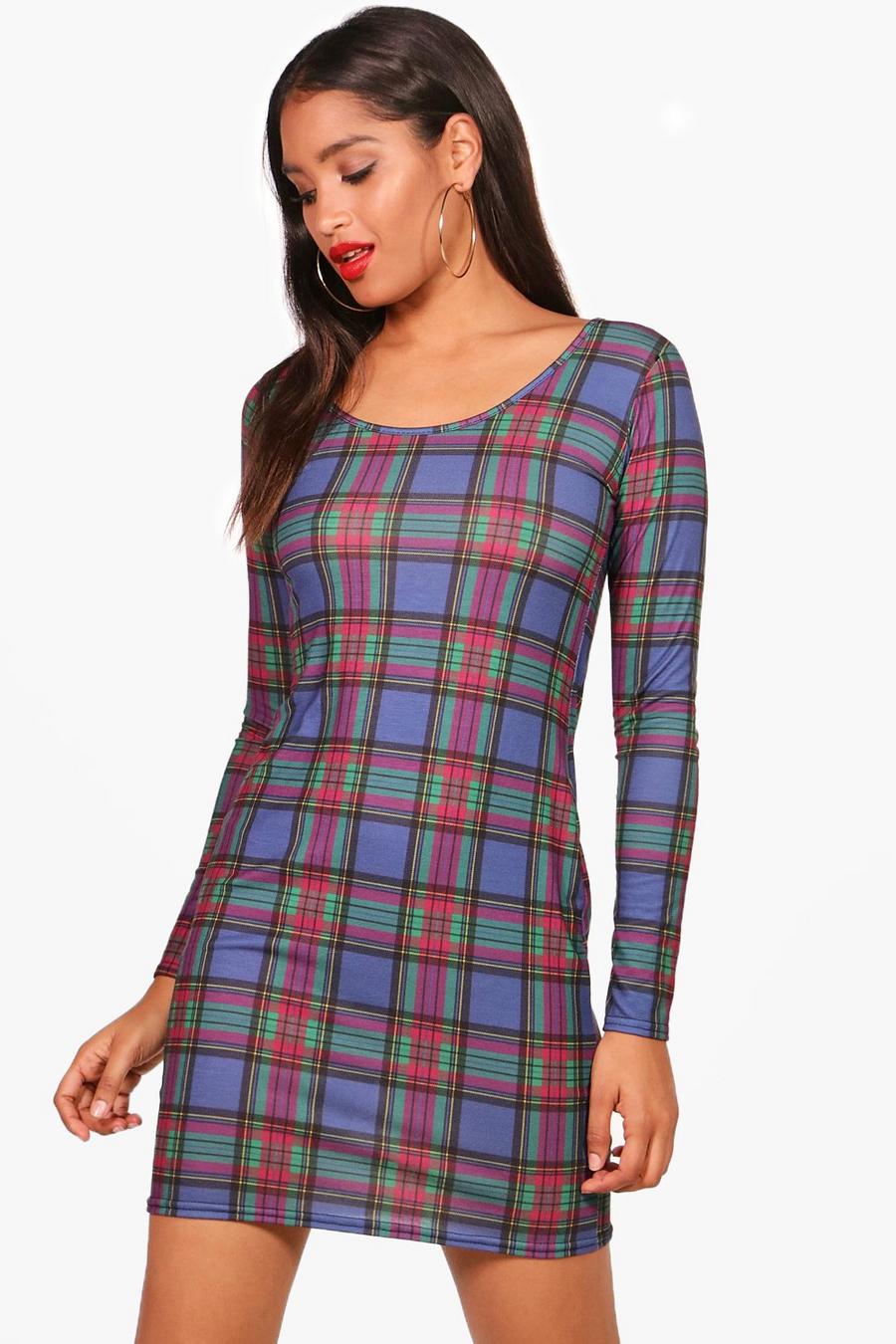 Navy Tartan Check Long Sleeved Bodycon Dress image number 1
