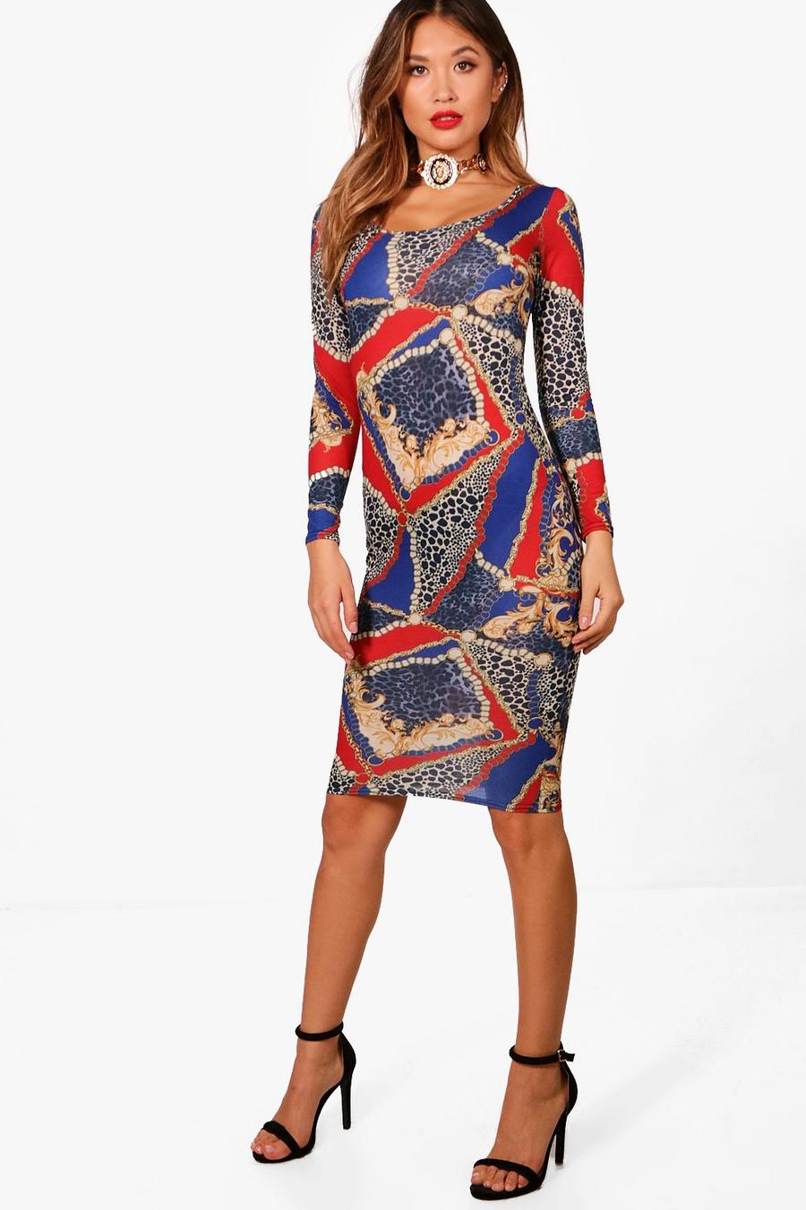 Chain Print Square Neck Bodycon Dress, Cobalt image number 1